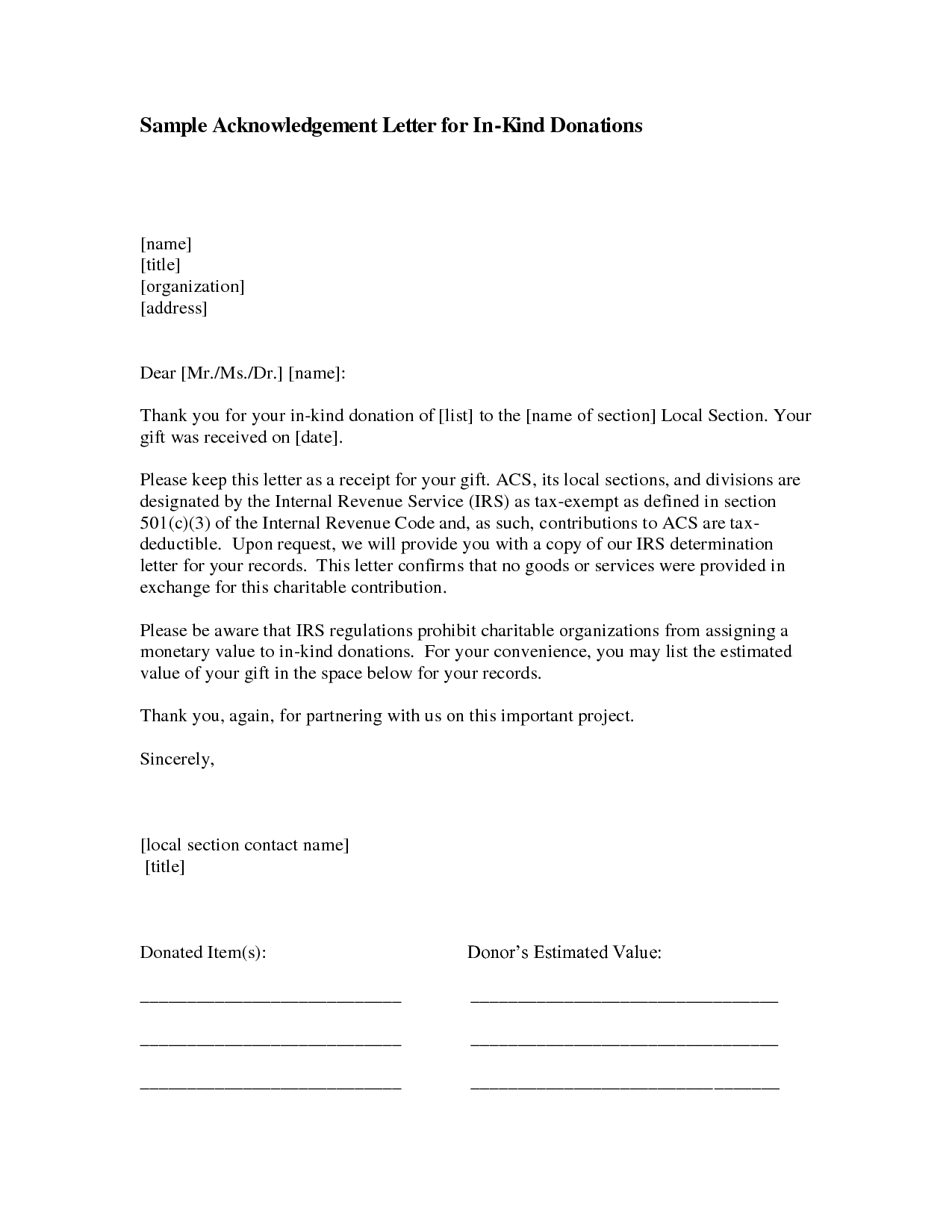 In Kind Donation Acknowledgement Letter Template Collection Letter