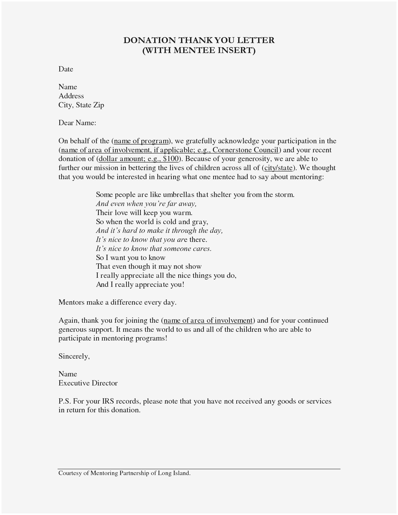 Acknowledgement Of Donation Letter Template - In Kind Donation Letter