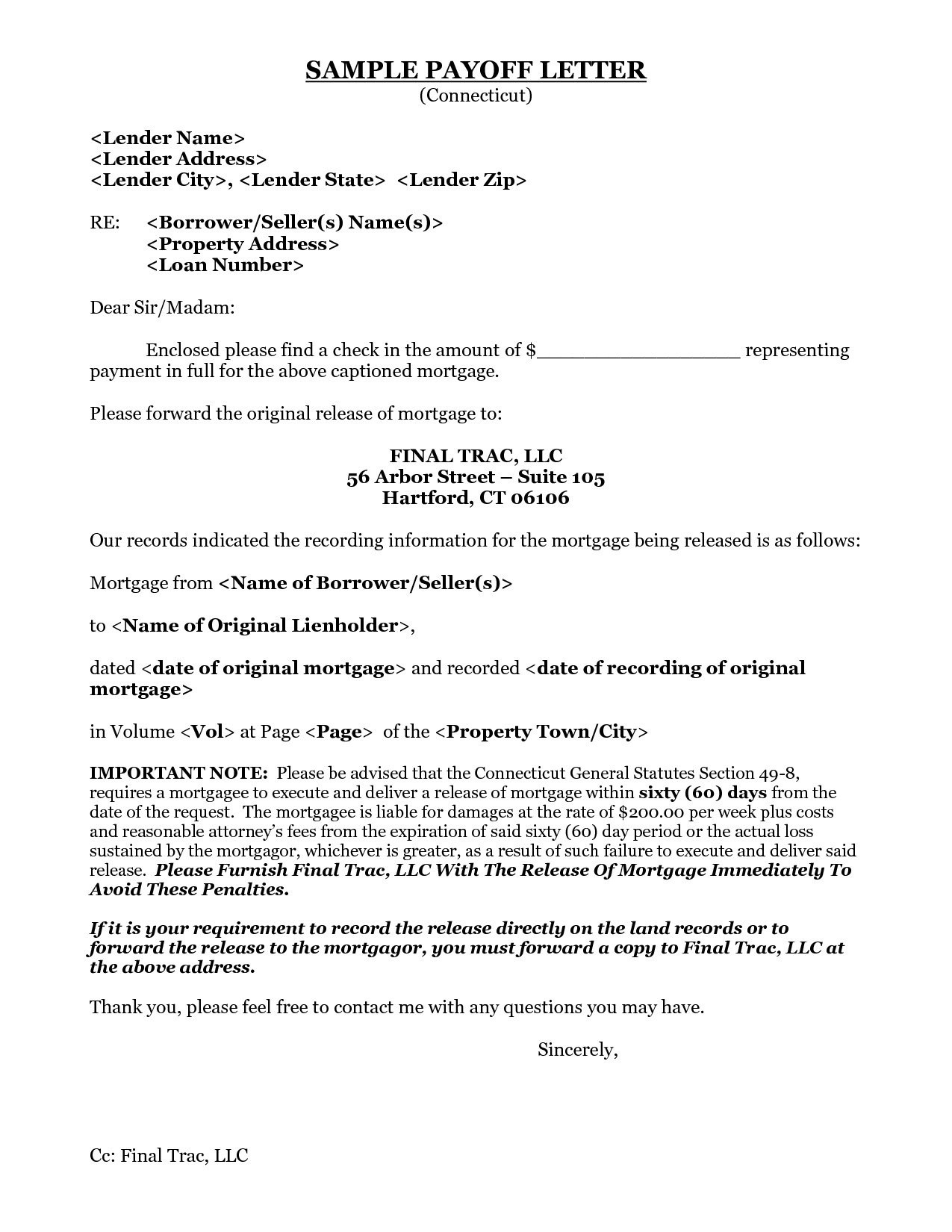 Private Mortgage Payoff Letter Template Examples Letter Template