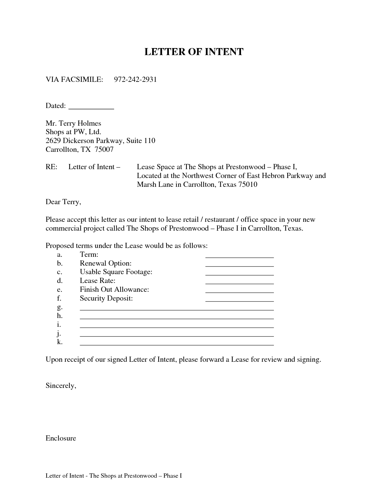 Letter Of Intent To Lease Commercial Property Template Examples