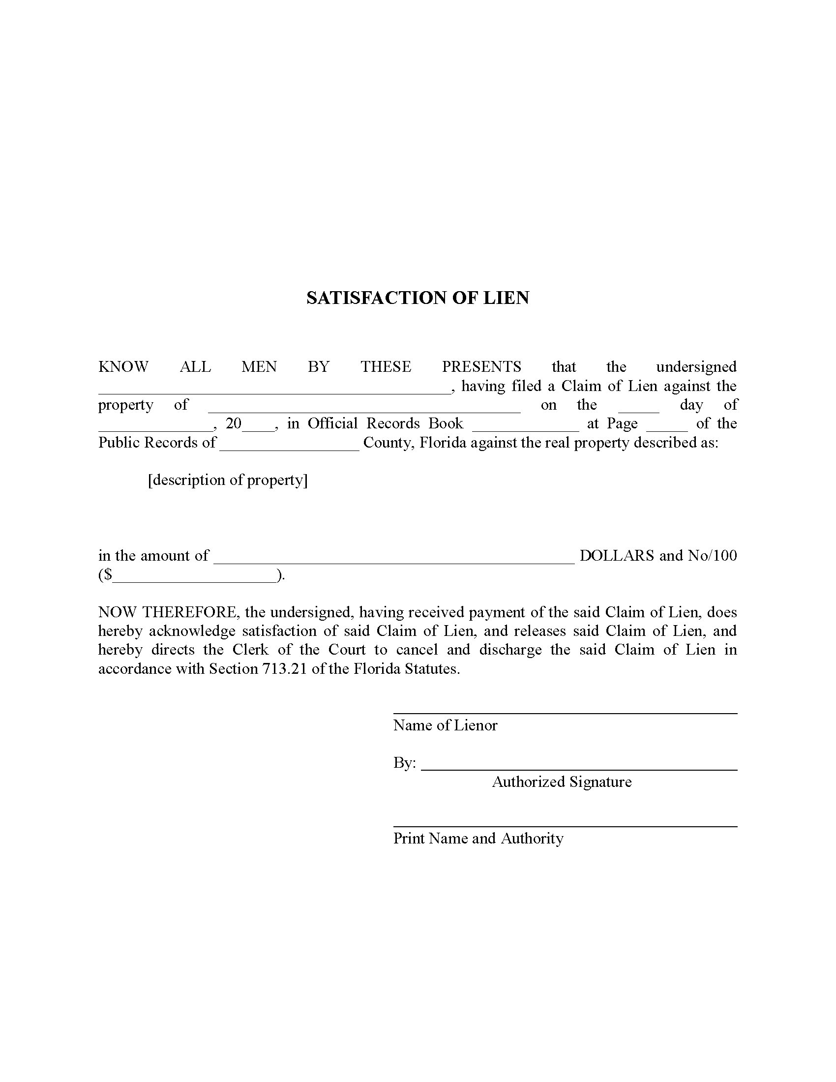 Notice Of Lien Letter Template - Intent to Lien Letter Florida Satisfaction Legals and Business