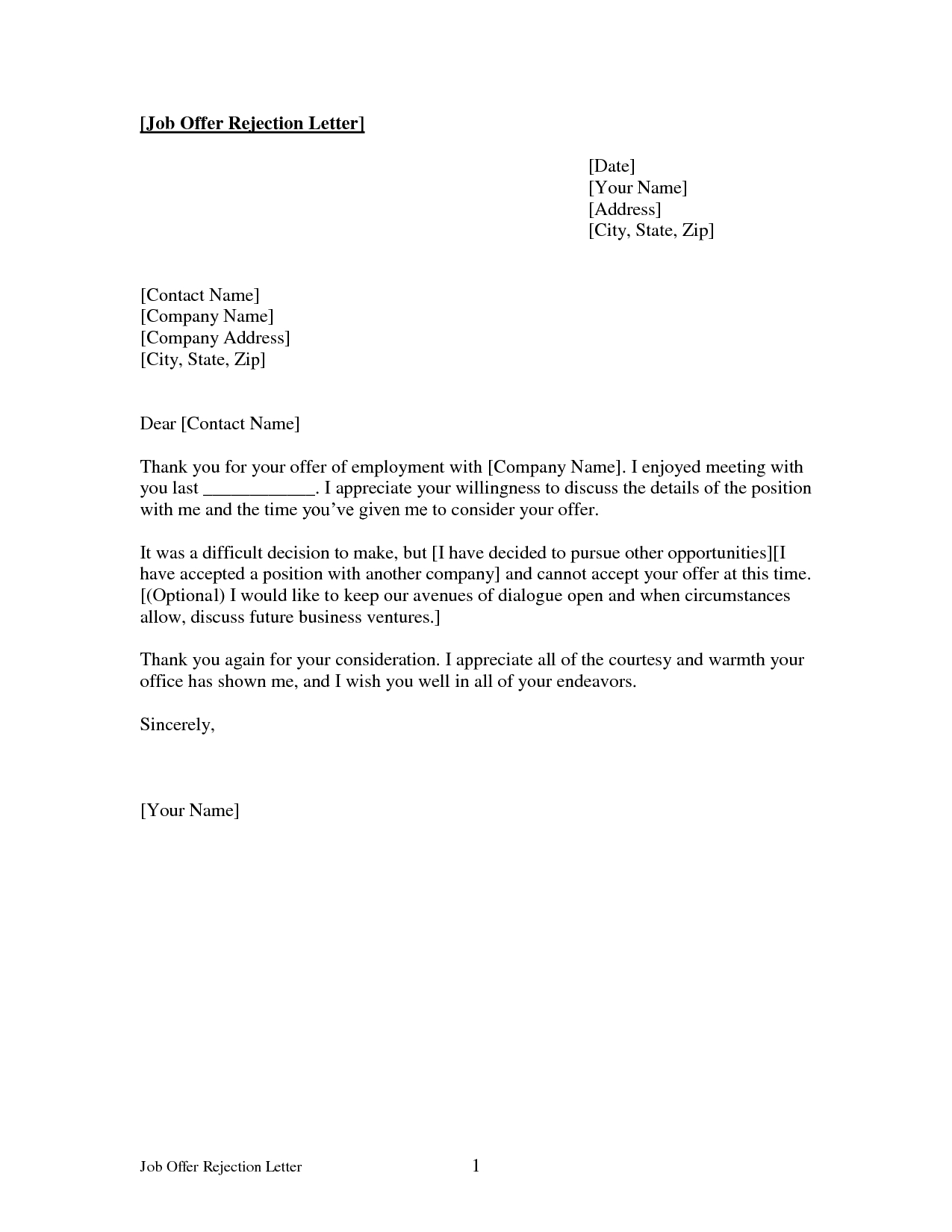 18+ Letter To Decline Job Offer