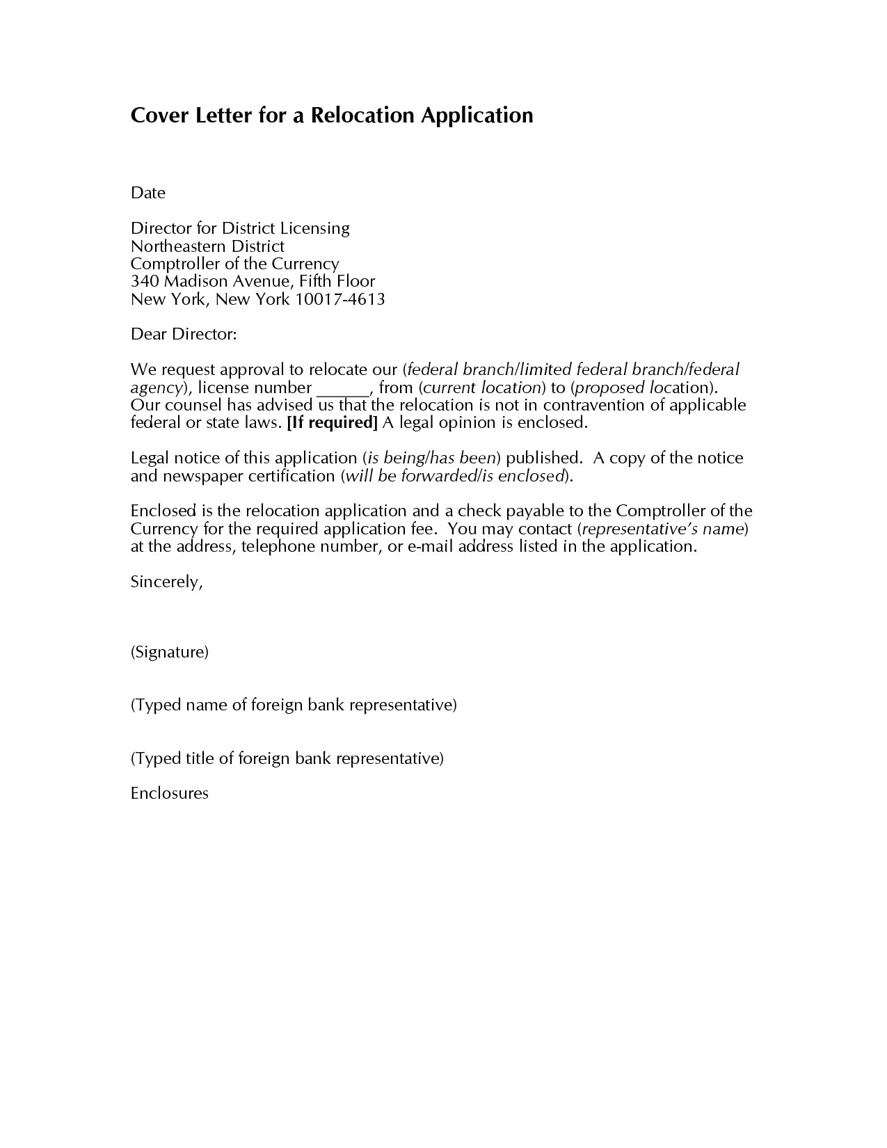 sample relocation cover letter template