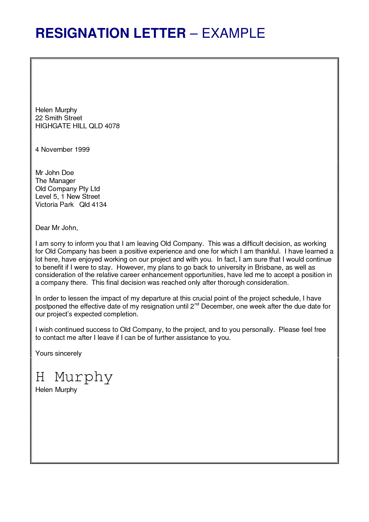 resignation letter sample