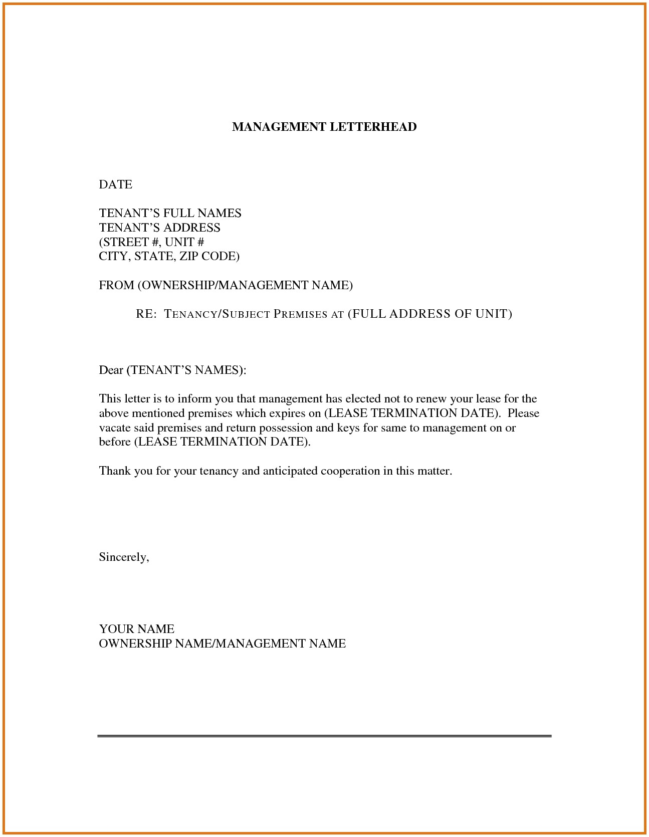 Not Renewing Lease Letter Template - Lease Renewal Letter