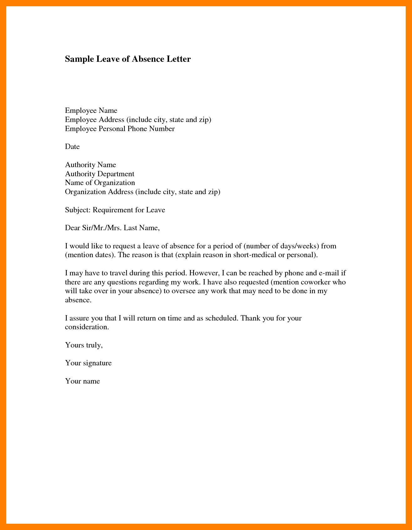 template letter leave Absence Personal Leave Of Letter Template Collection