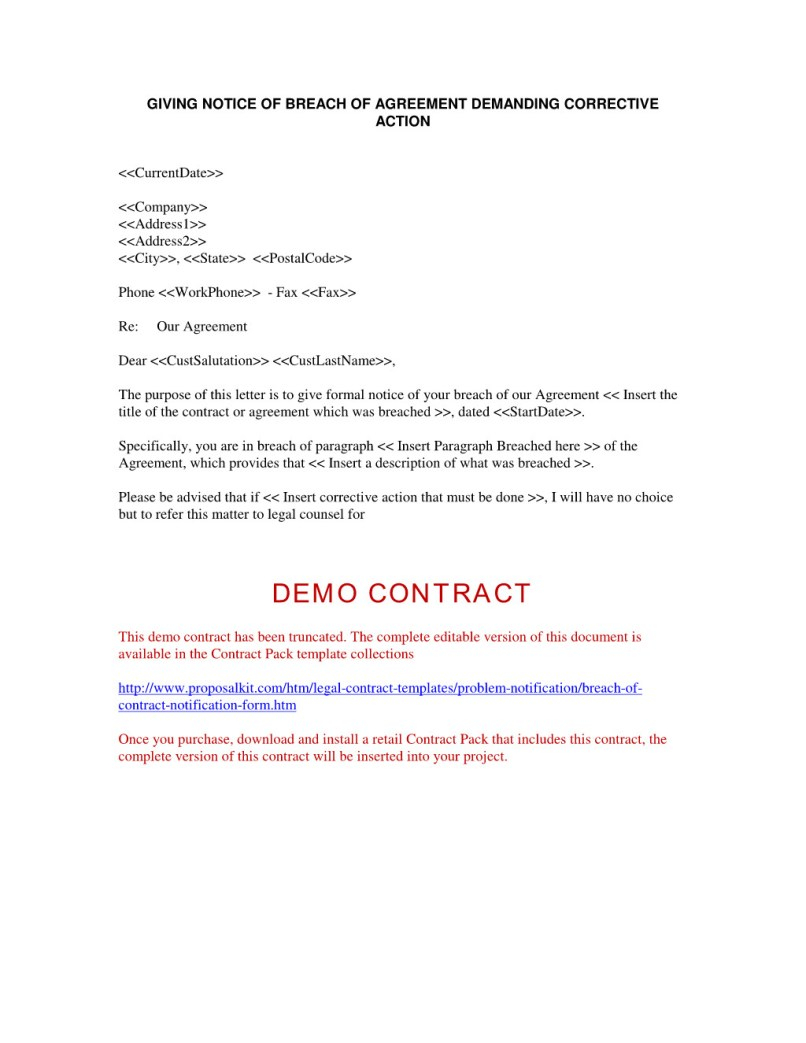 Notice Of Breach Of Contract Letter Template - Legal Demand Letter Breach Contract