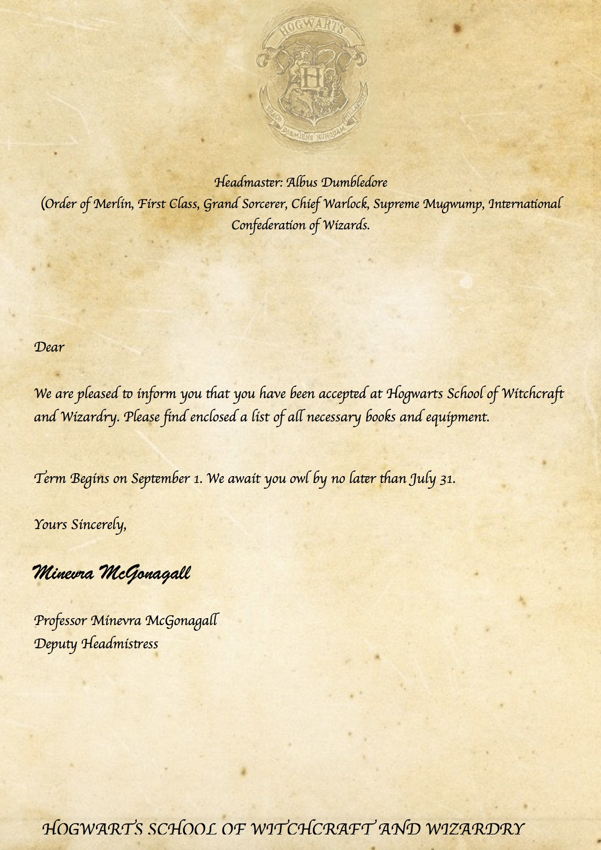 Hogwarts Acceptance Letter Envelope Template Printable Examples Letter Template Collection