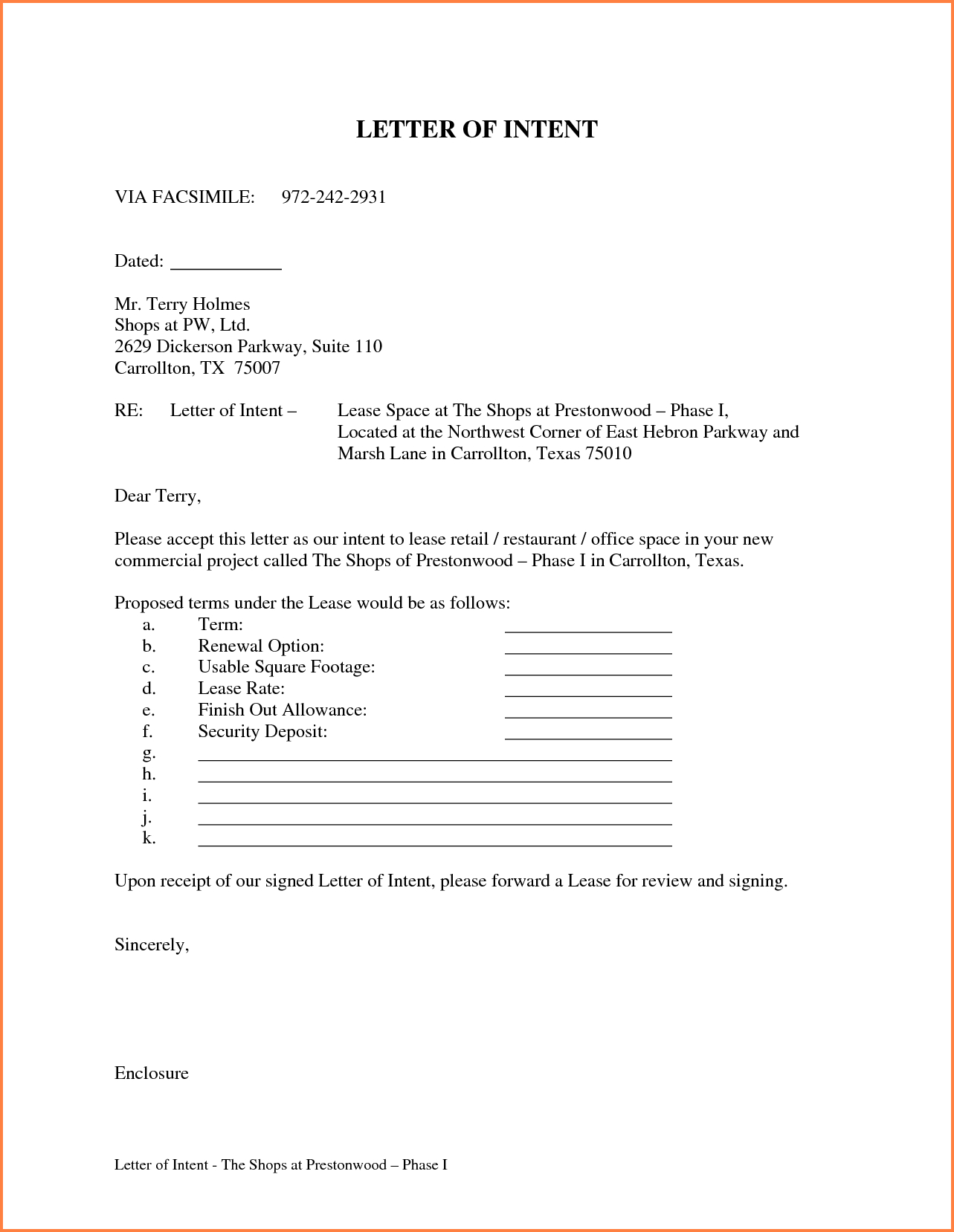 Commercial Real Estate Lease Letter Of Intent Template Examples