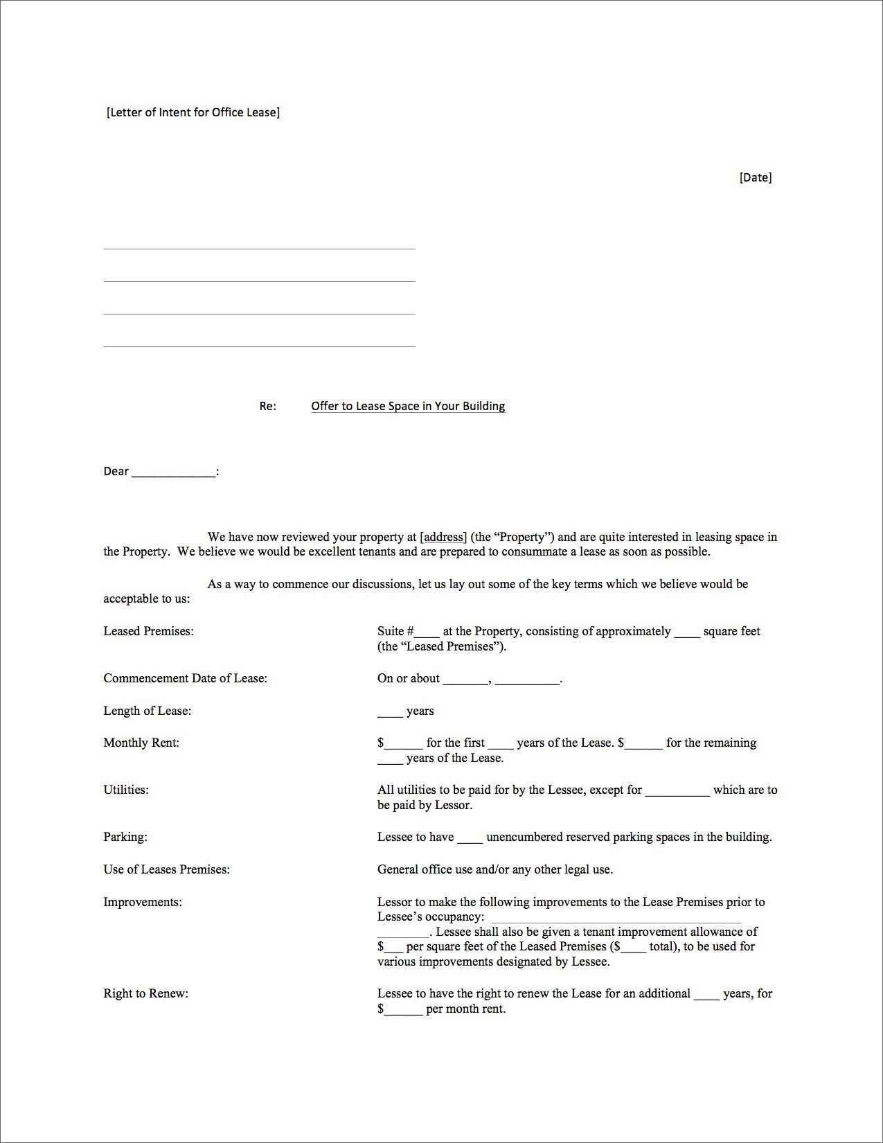 Lease Commencement Letter Template - Letter Intent for Mercial Lease Sample Property to Real Estate