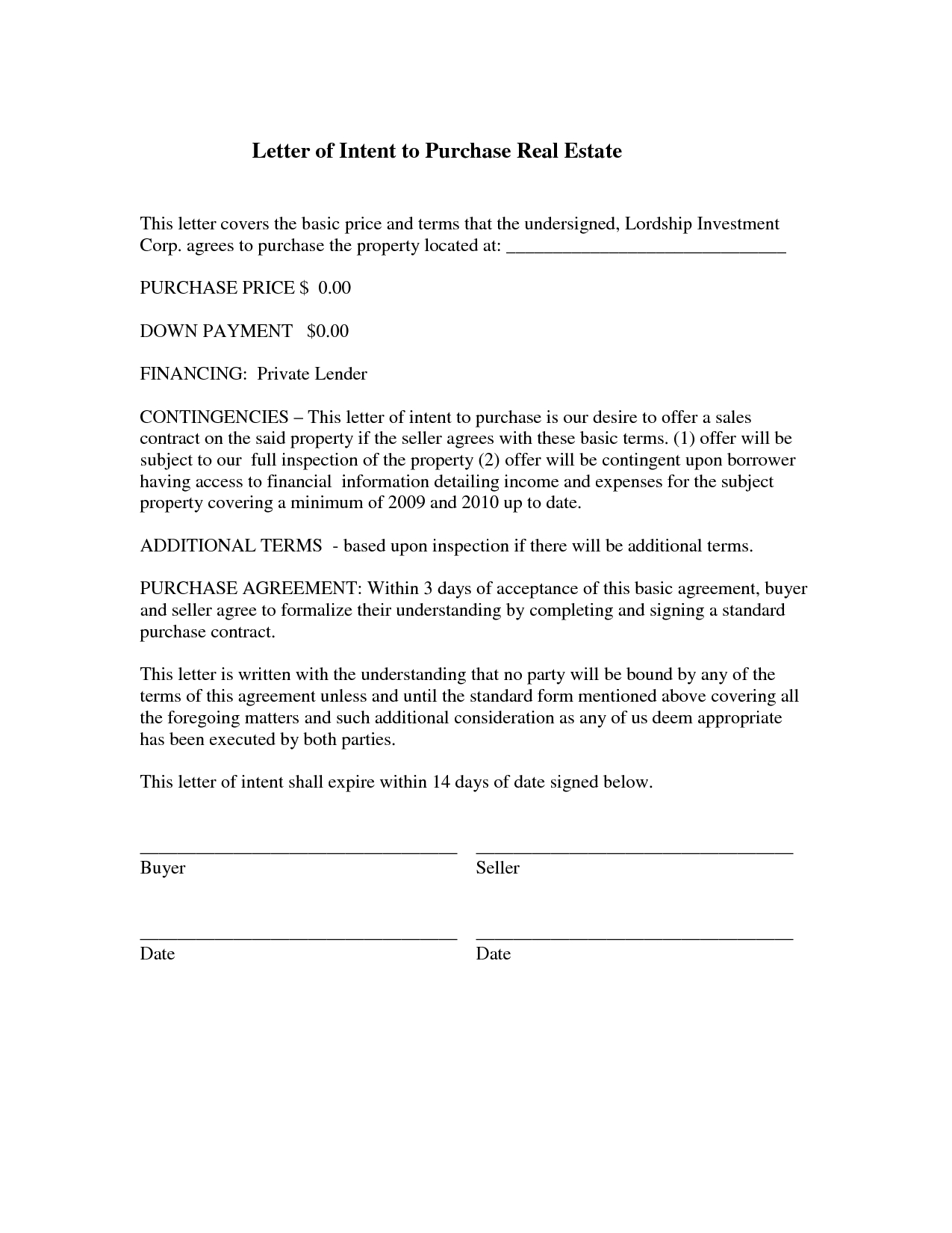Sample letter of intent to purchase real estate - Letter of Intent Within Real Estate Offer Letter Template