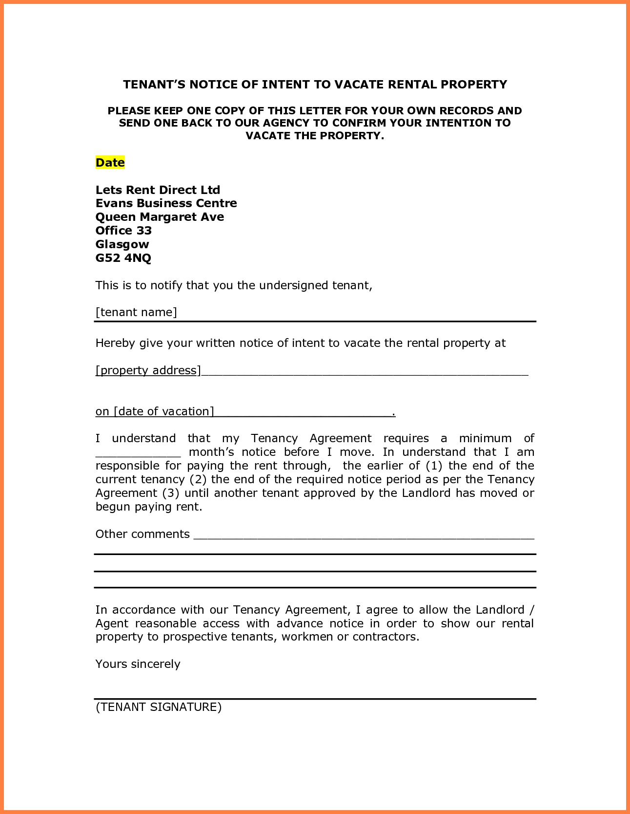 Notice Letter to Tenant From Landlord Template - Letter Intent to Move Sample Notice Vacate Tenant Rentaloperty