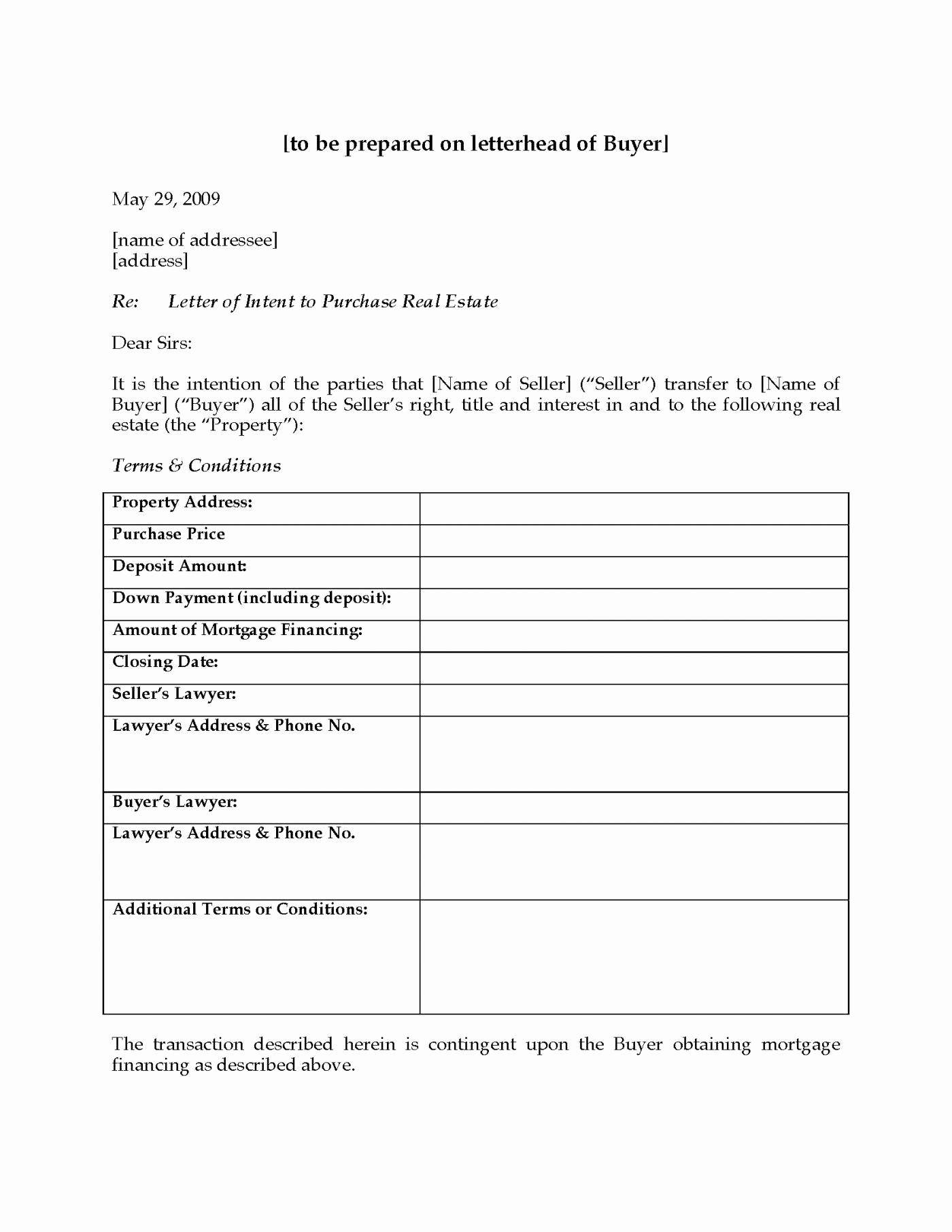 Letter Of Intent to Purchase Real Estate Template - Letter Intent to Purchase Property Template Beautiful Canada