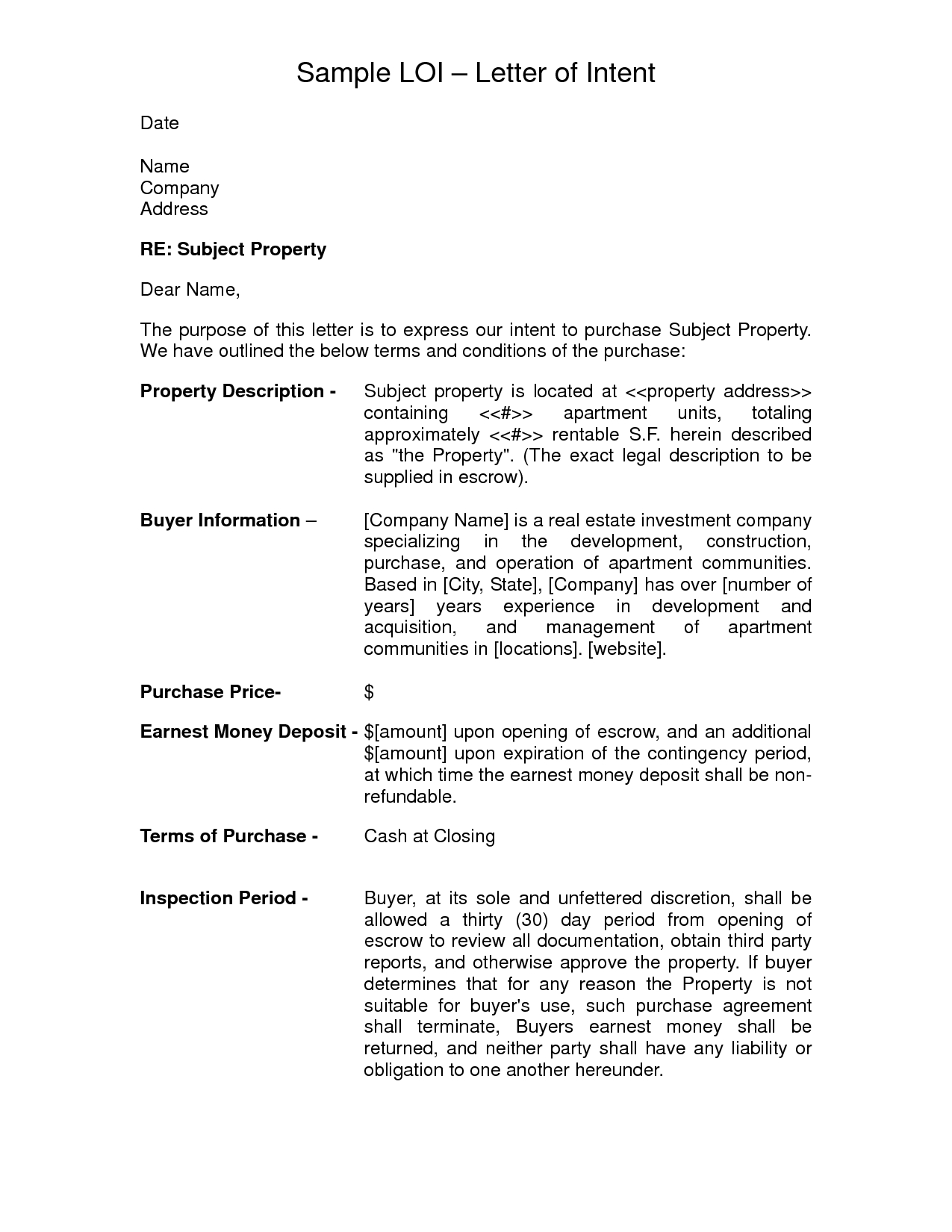 Commercial Lease Letter Of Intent Template Collection ...
