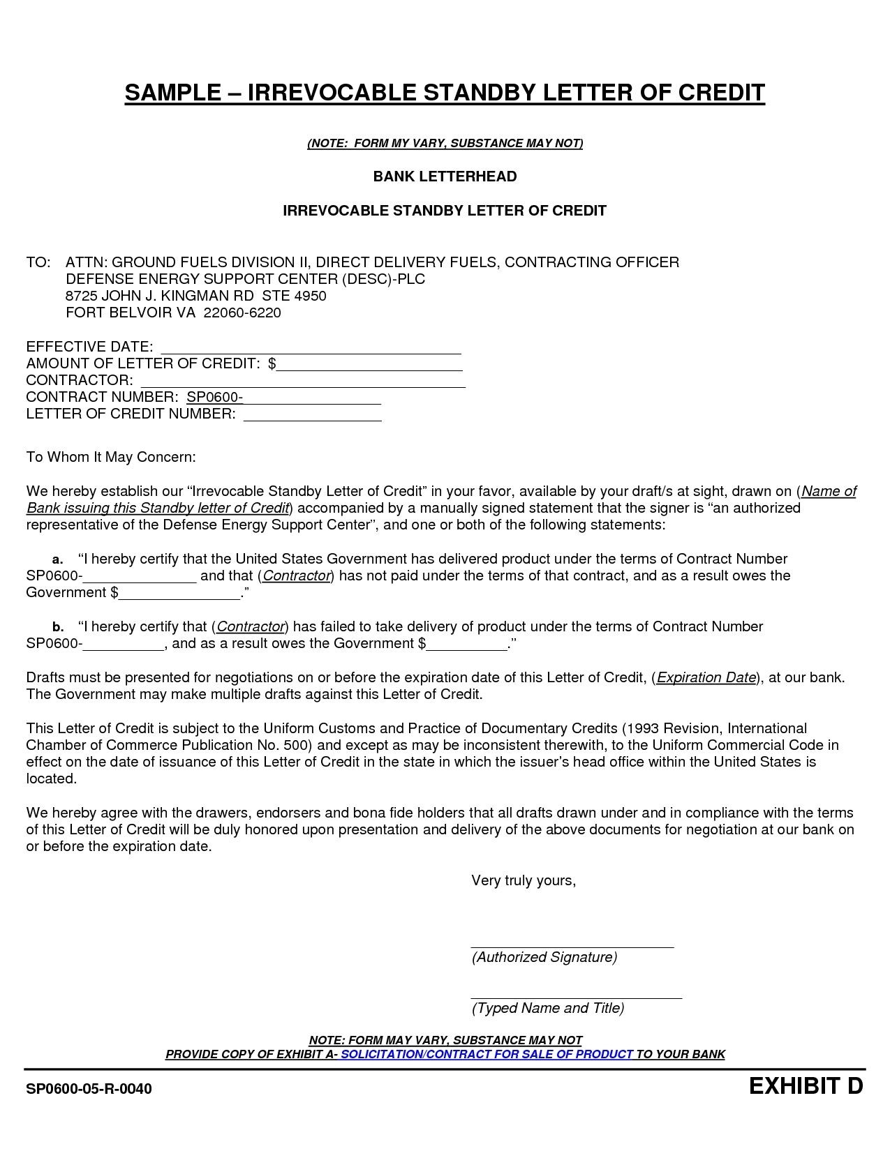 Irrevocable Letter Of Credit Template - Letter Of Credit Template