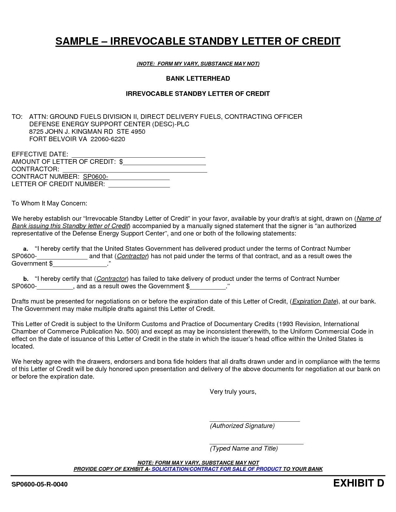 Irrevocable Standby Letter Of Credit Template - Letter Of Credit Template