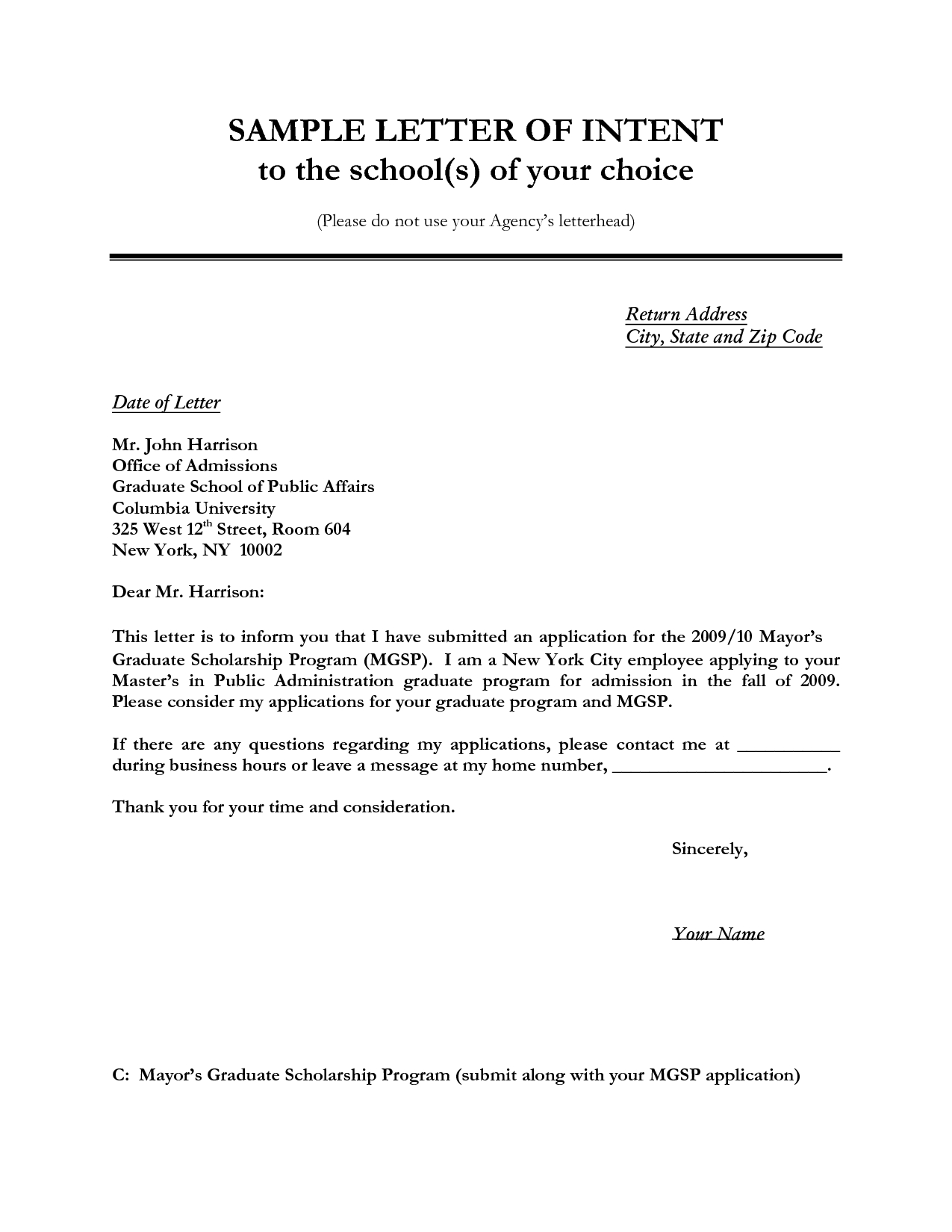 Letter Of Intent for Graduate School Template - Letter Of Intent Sample