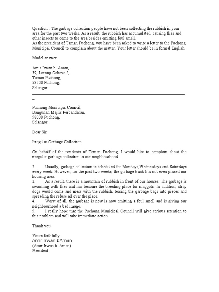 Neighbour Complaint Letter Template - Letter Of Plaint Garbage