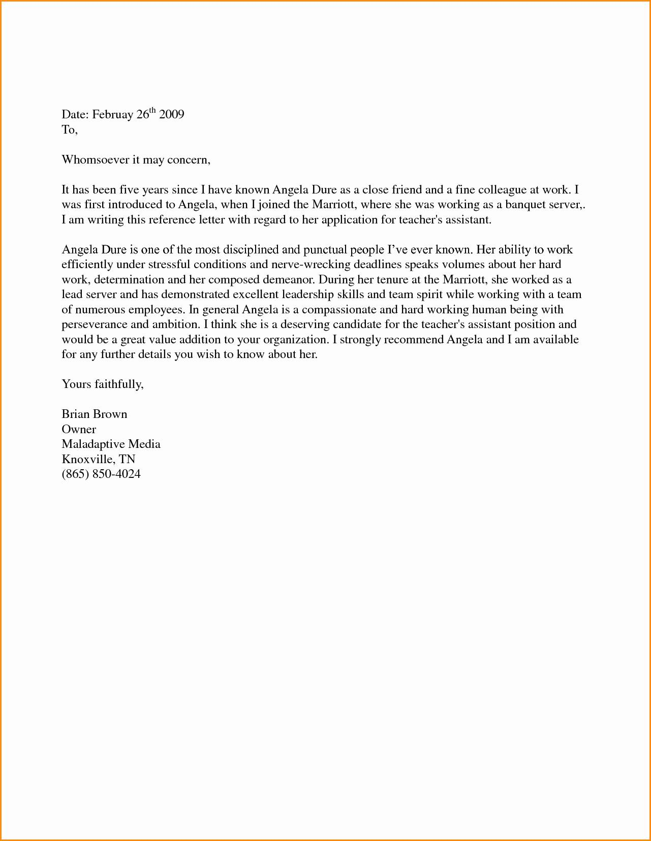 Letter Of Recommendation for A Friend Template - Letter Re Mendation for A Friend Template Inspirational format
