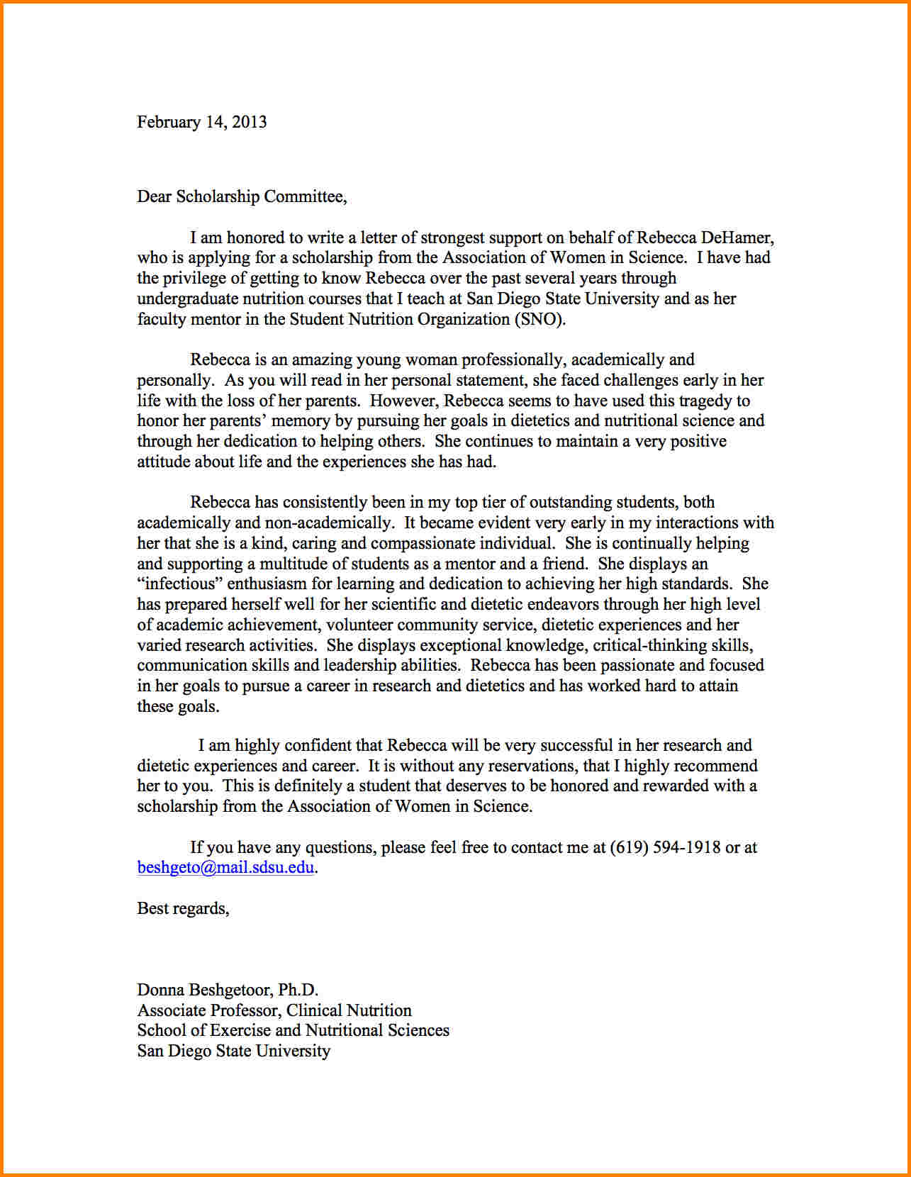 Free Scholarship Recommendation Letter Template - Letter Re Mendation for College Scholarship Pdf format