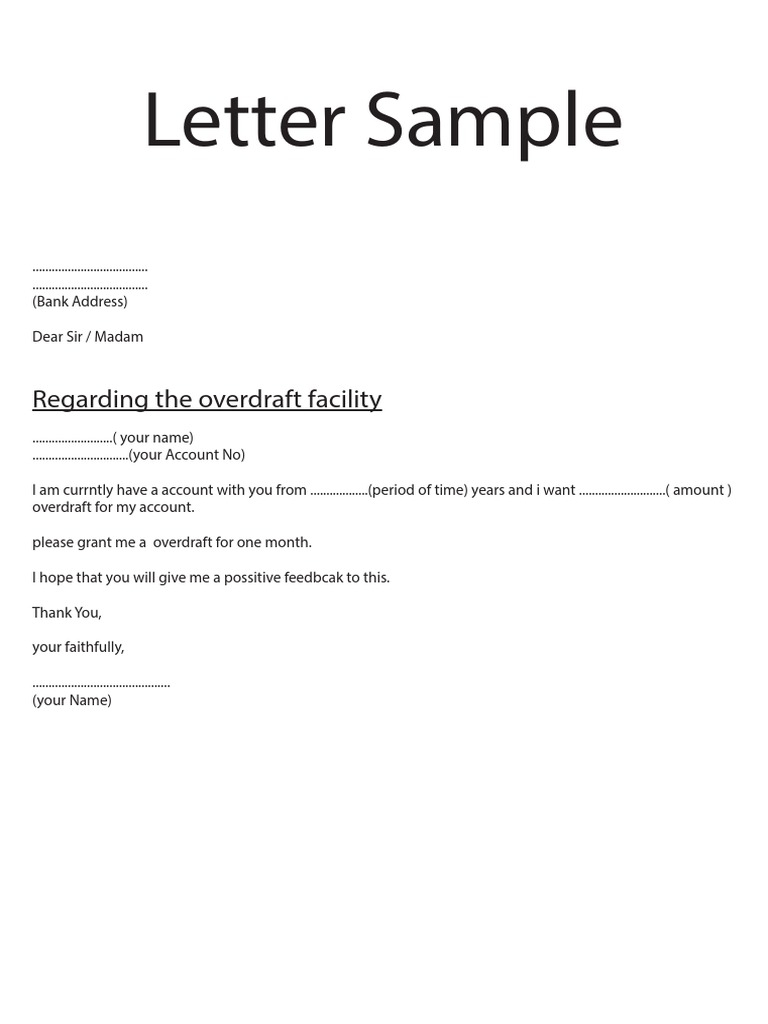 Cash Out Letter Template - Letter Sample Overdraft Request