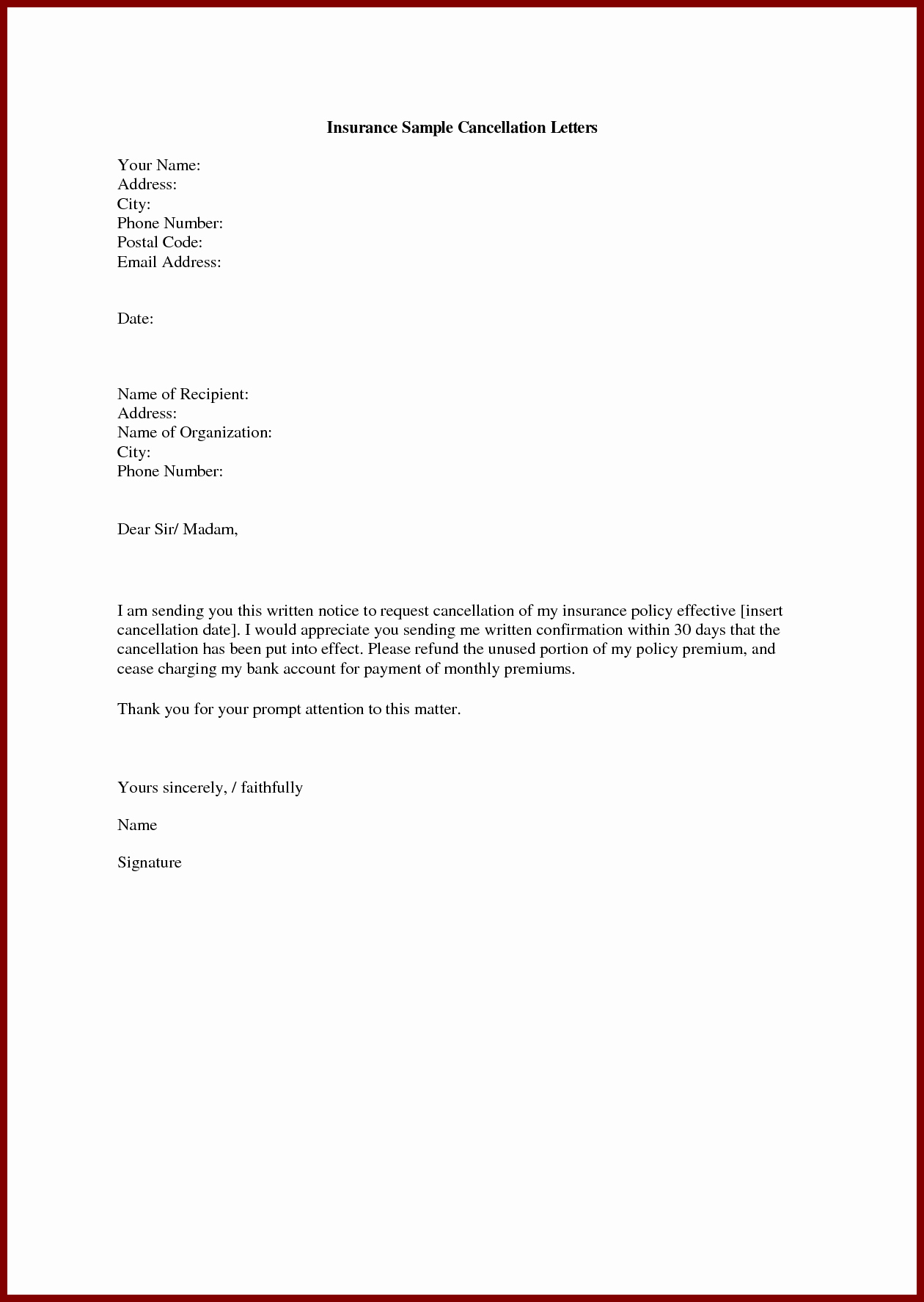 Insurance Policy Cancellation Letter Template - Life Insurance Policy Template Unique Letter to Cancel Insurance