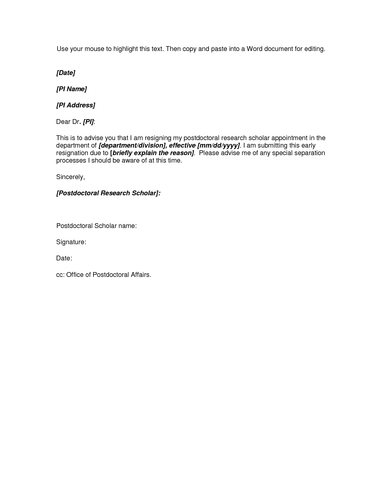Standard Resignation Letter Template Word - Microsoft Word Resignation Letter Template