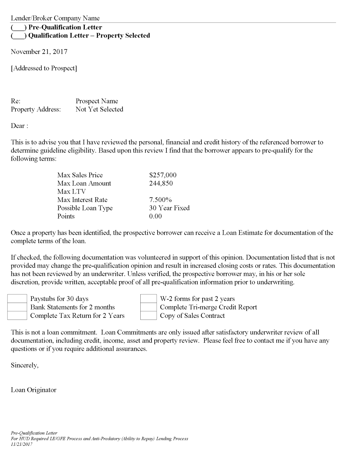 Mortgage Pre Qualification Letter Template Samples - Letter Template ...
