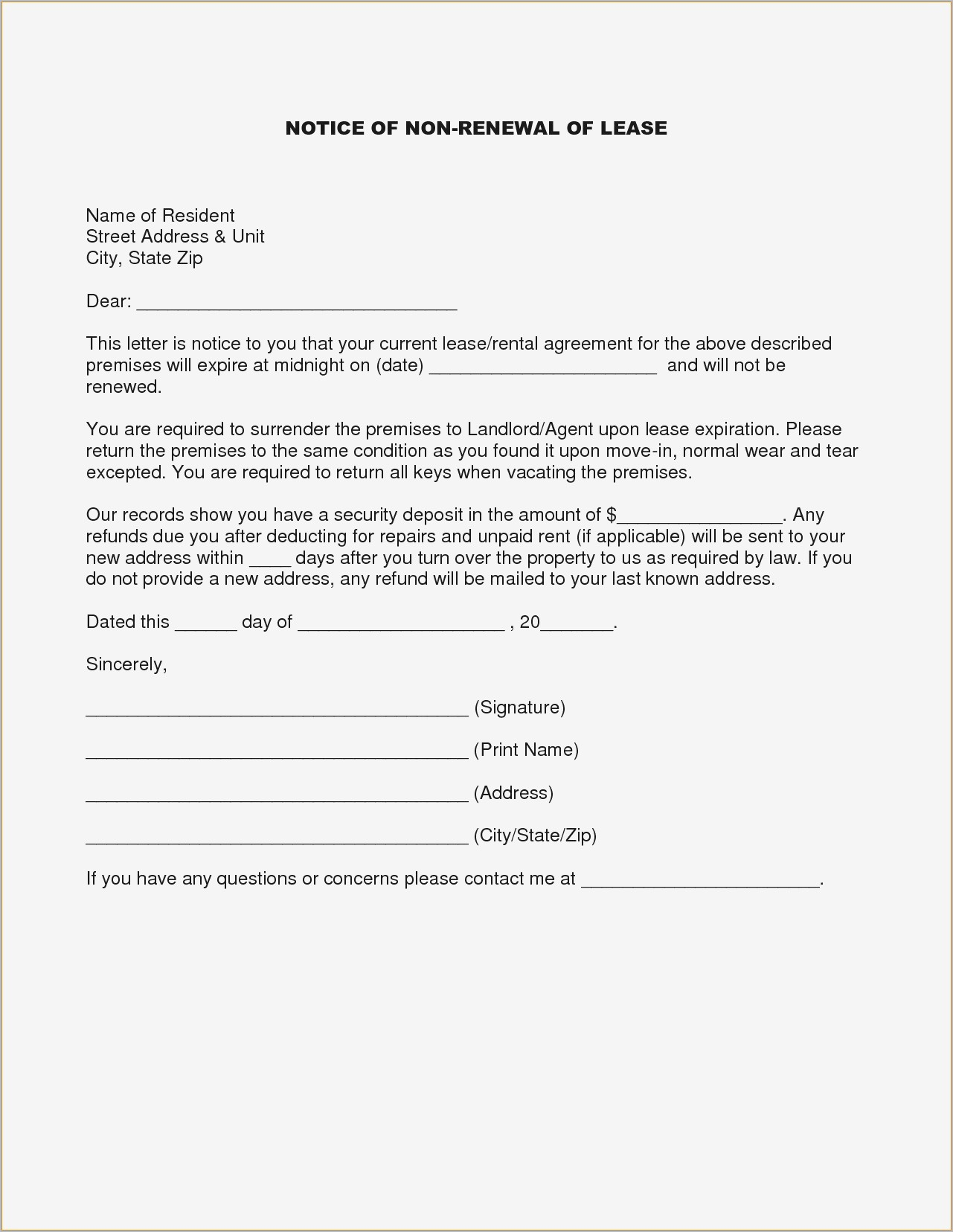 Nonrenewal Of Lease Letter Template - Not Renewing Lease Letter Sample Samples