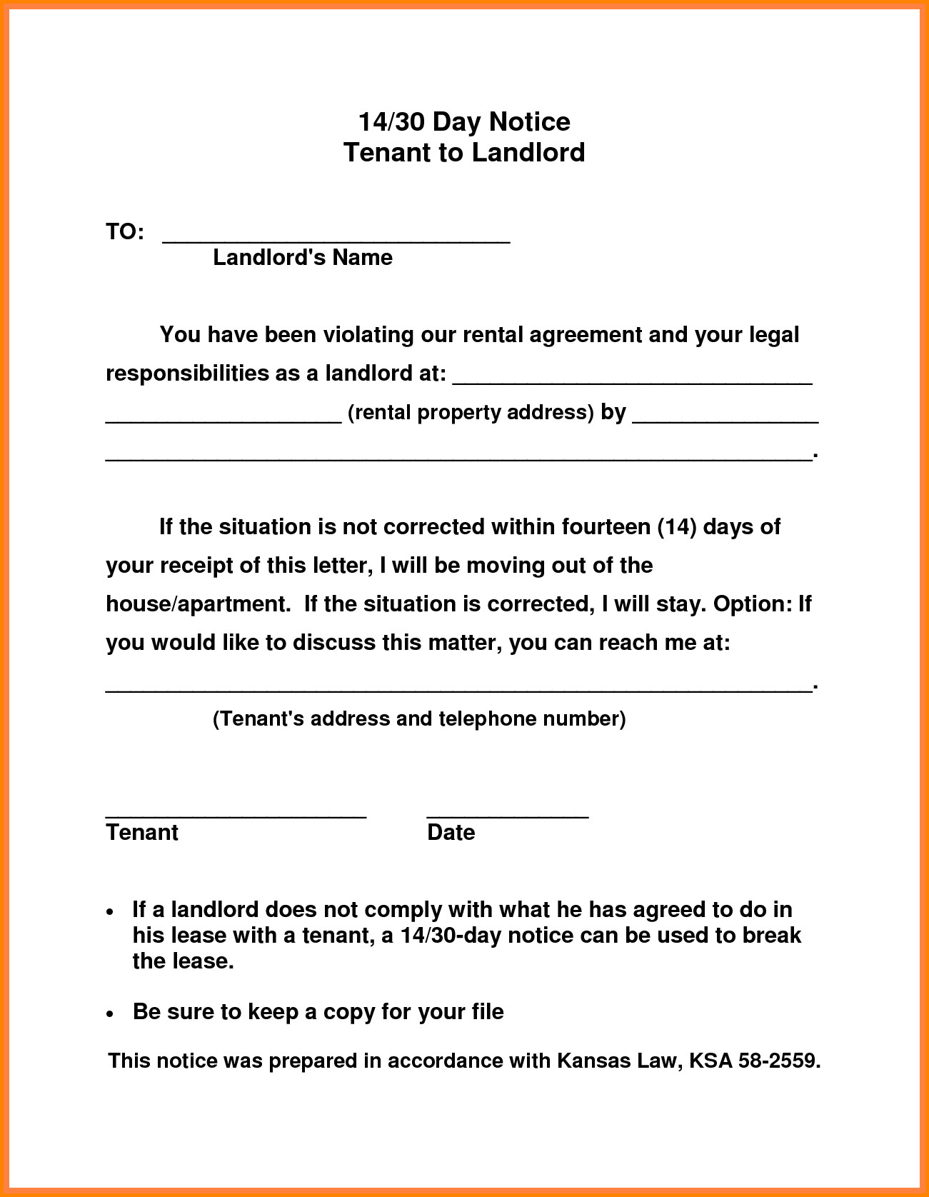 30 Day Notice Template To Landlord