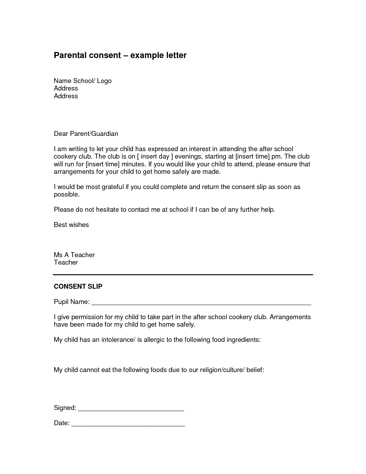 Parental Consent Permission Letter Template Examples Letter Template Collection