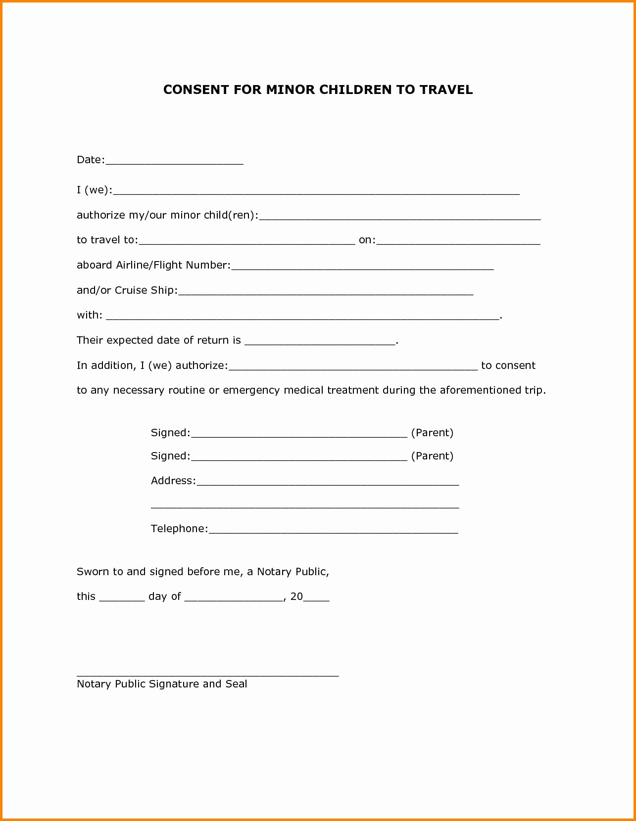 Letter Of Consent For Travel Of A Minor Child Template Examples