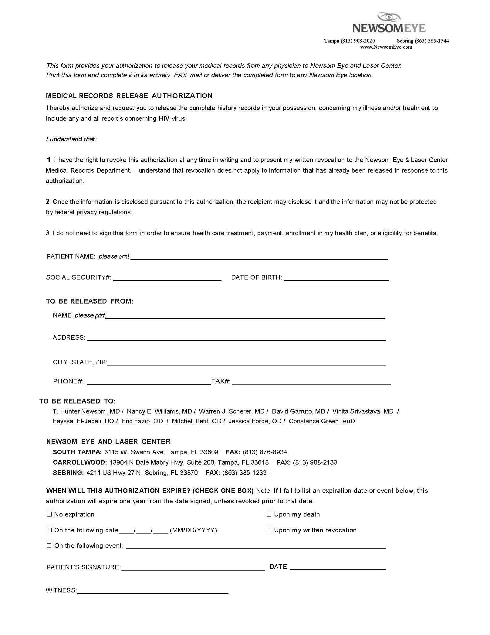 Medical Records Release Letter Template - Patient Medical Release forms Tampa Florida Newsom Eye