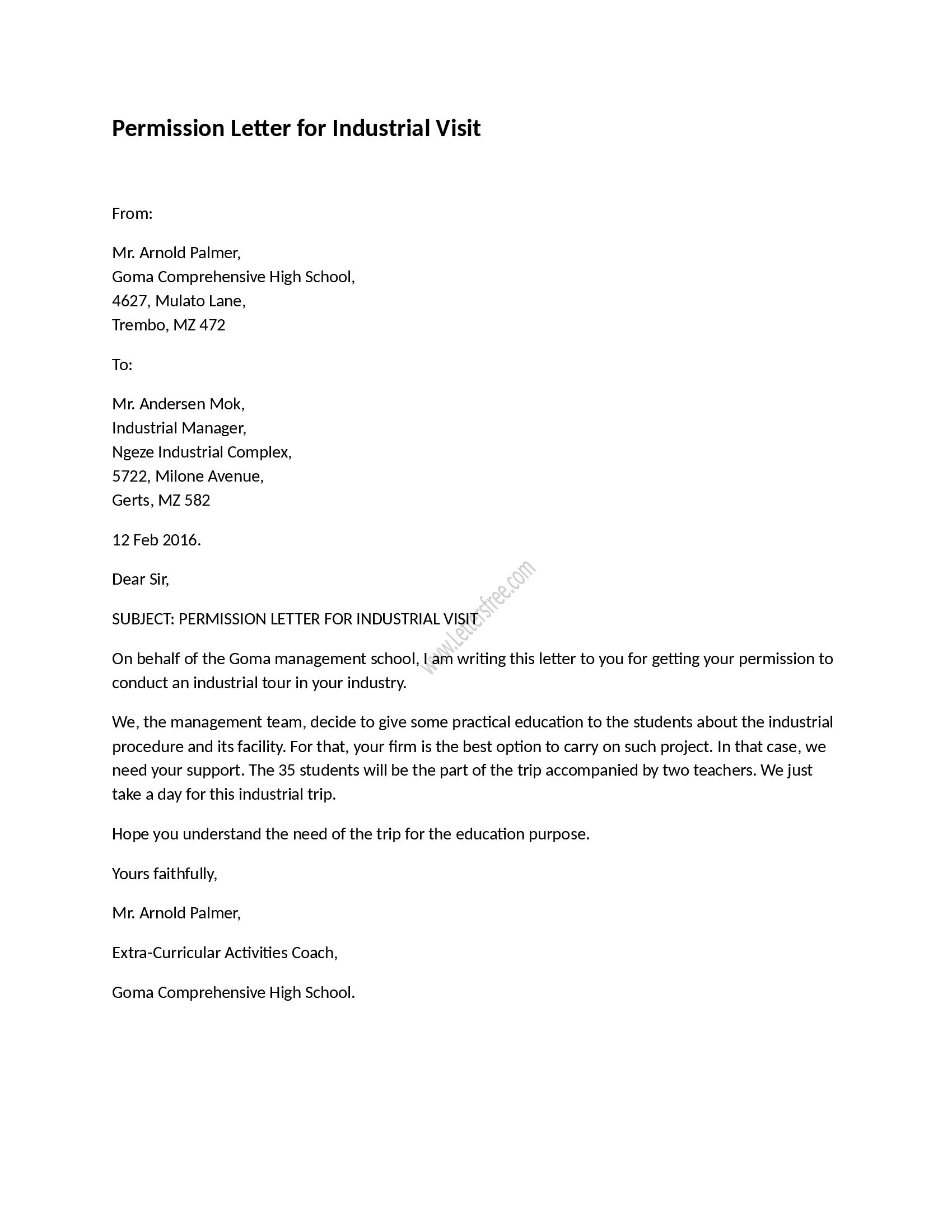 Permission to Travel Letter Template - Permission Letter for Industrial Visit Pinterest