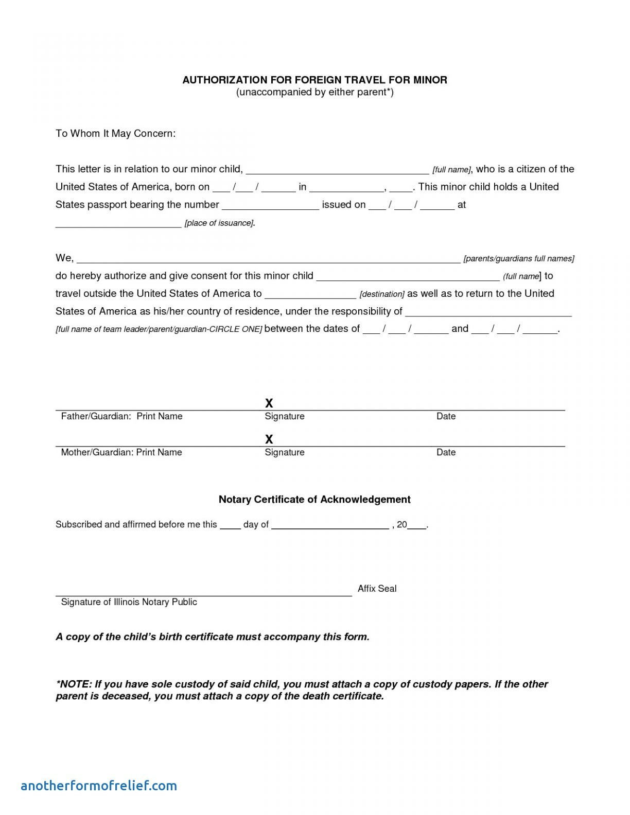 Letter Of  grant for Travel Of A  youthful Child Template  