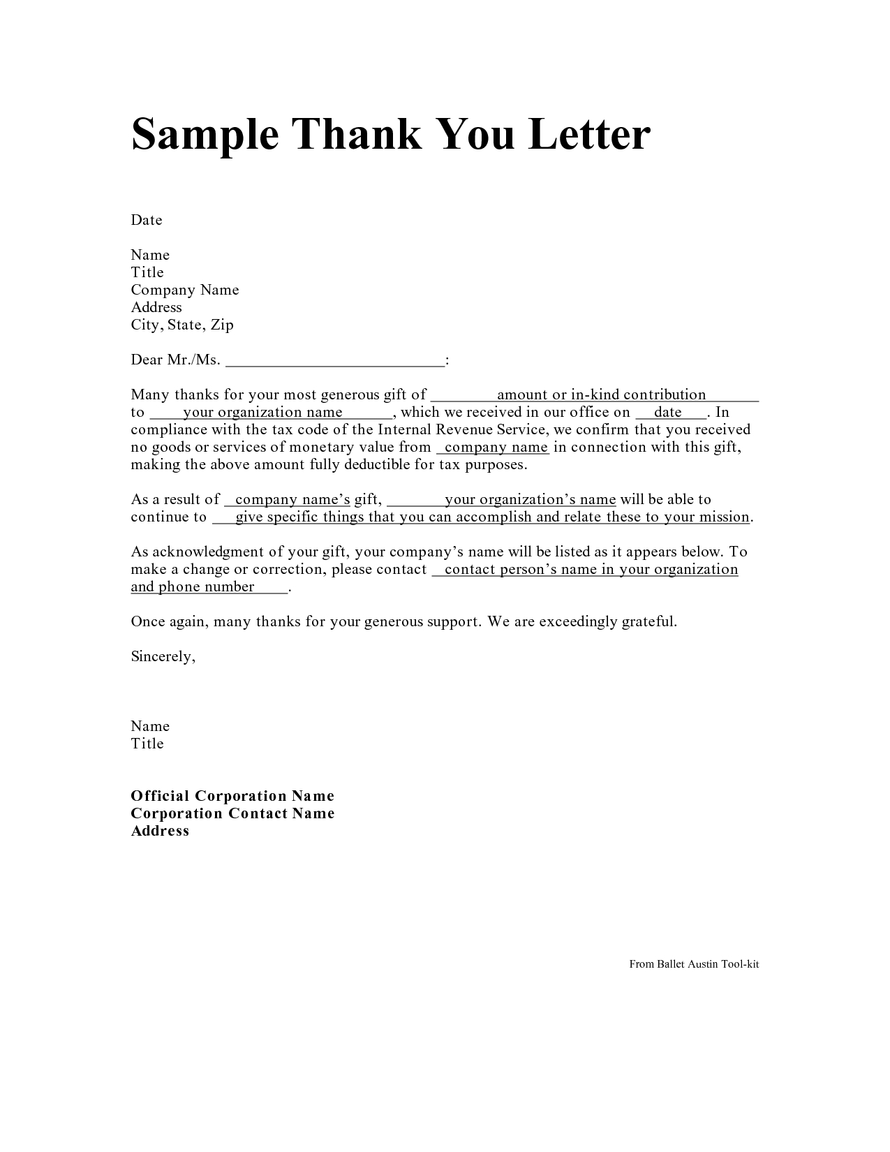 Non Profit Tax Deduction Letter Template - Personal Thank You Letter Personal Thank You Letter Samples