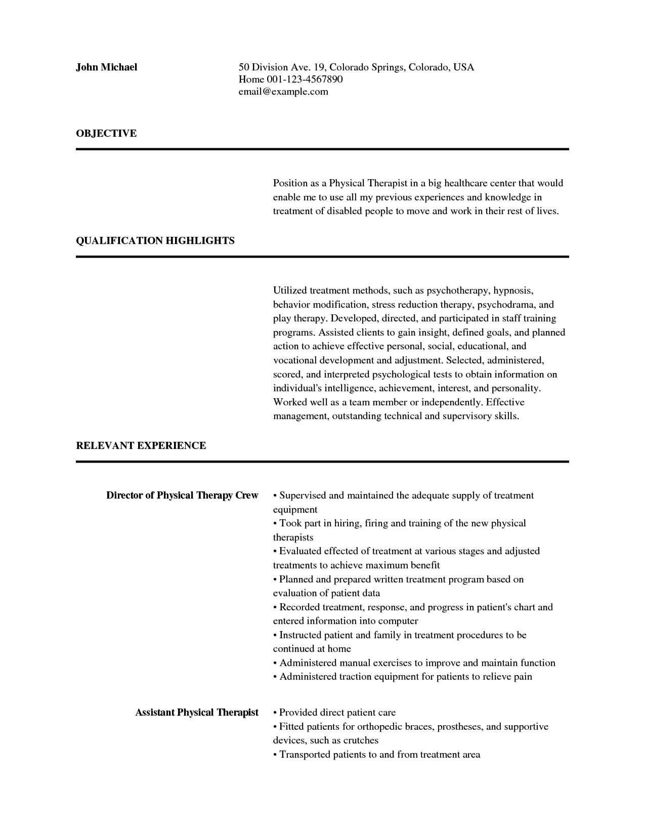 Physical therapy Cover Letter Template - Physical therapy Resume Examples Sample Physical therapist Resume