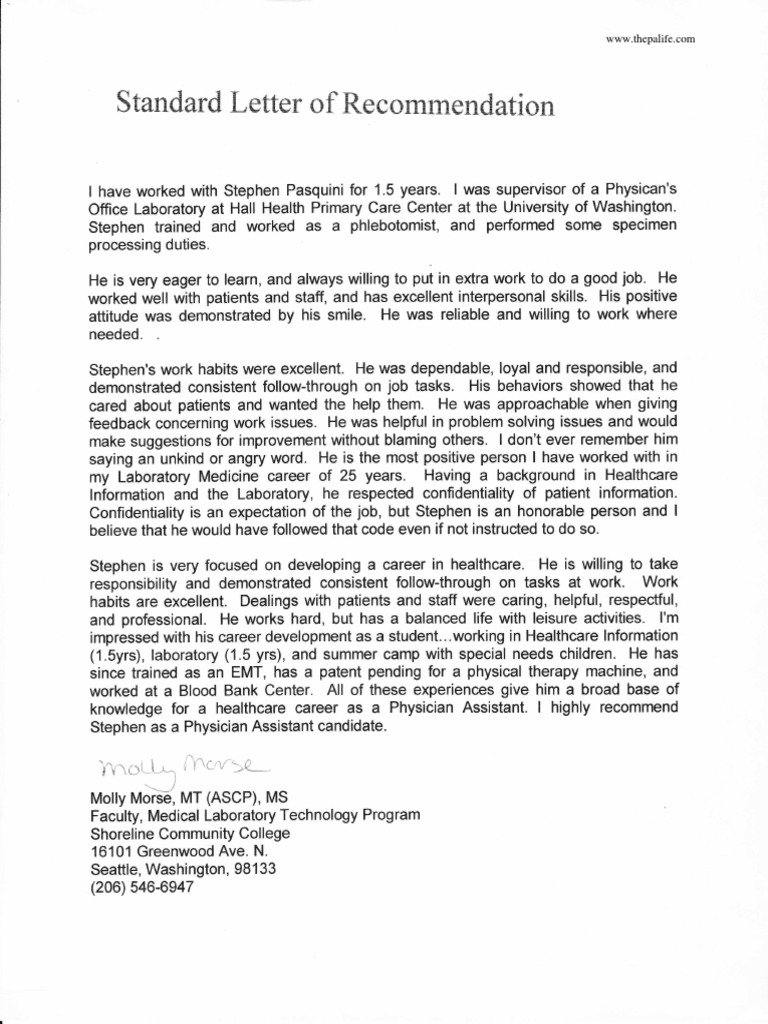 Letter Of Recommendation Template for Coworker - Physician assistant School Application Re Mendation Letter