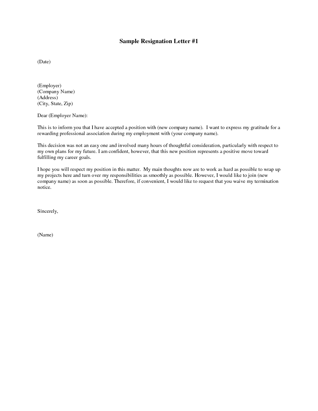 Resignation Letter Template - Printable Sample Letter Of Resignation form