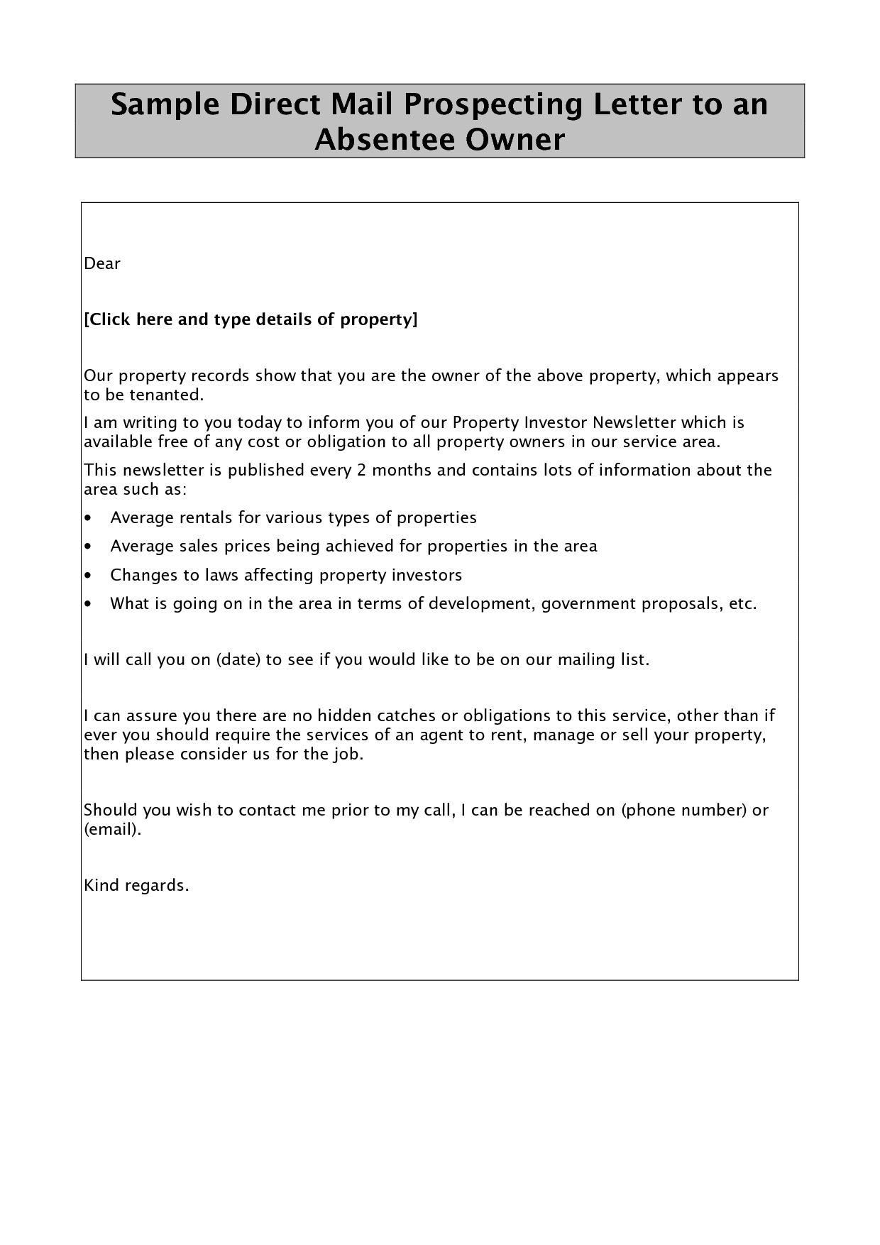 Real Estate Prospecting Letter Template - Prospecting Letter Template Free Real Estate Prospecting Letters