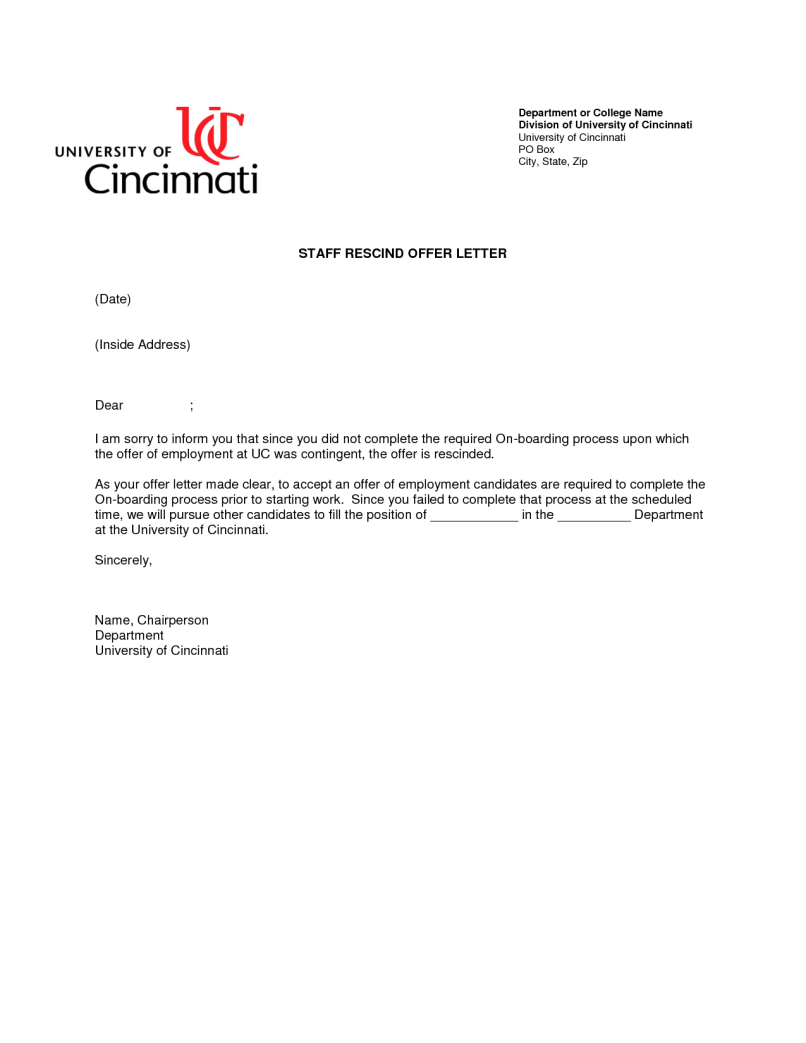 Rescission Letter Template - Rescinding Accepted Job Fer Sample Letter