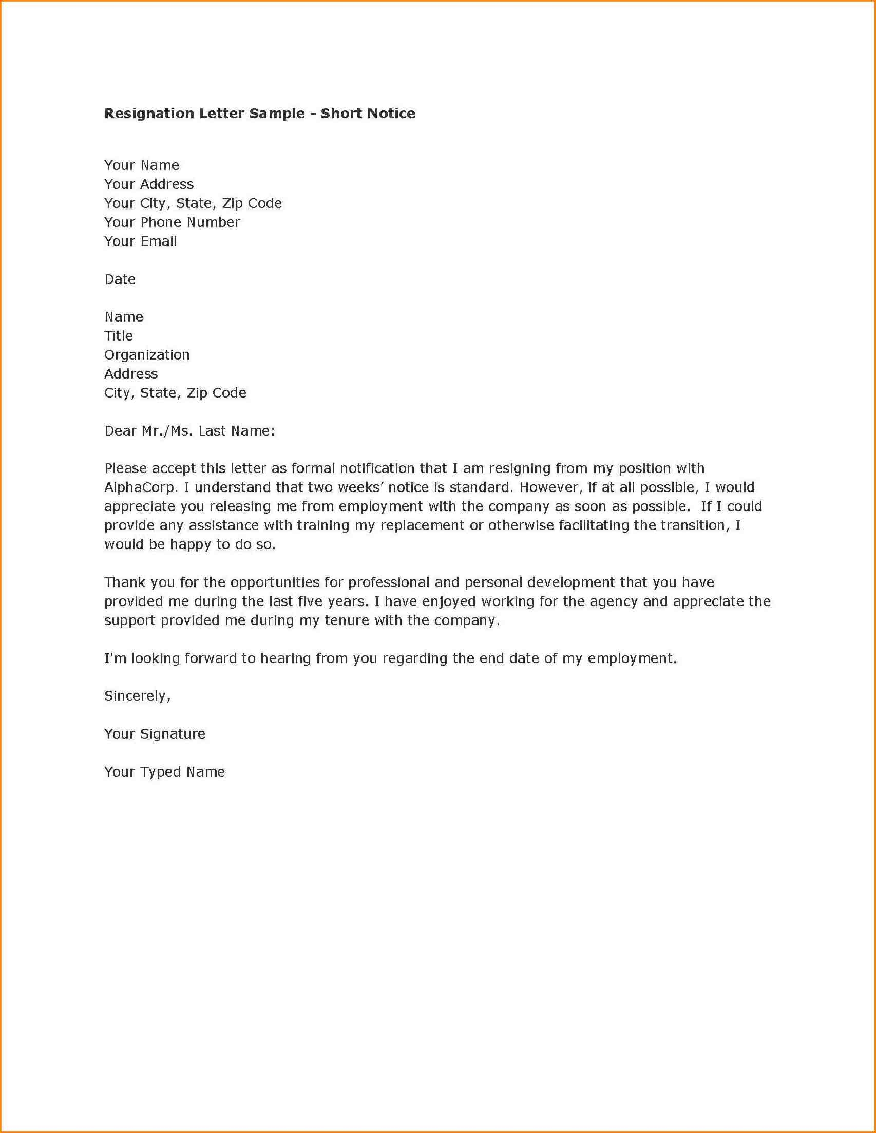Short Resignation Letter Template - Resignation Letter format Short Notice Period New Resignation Letter