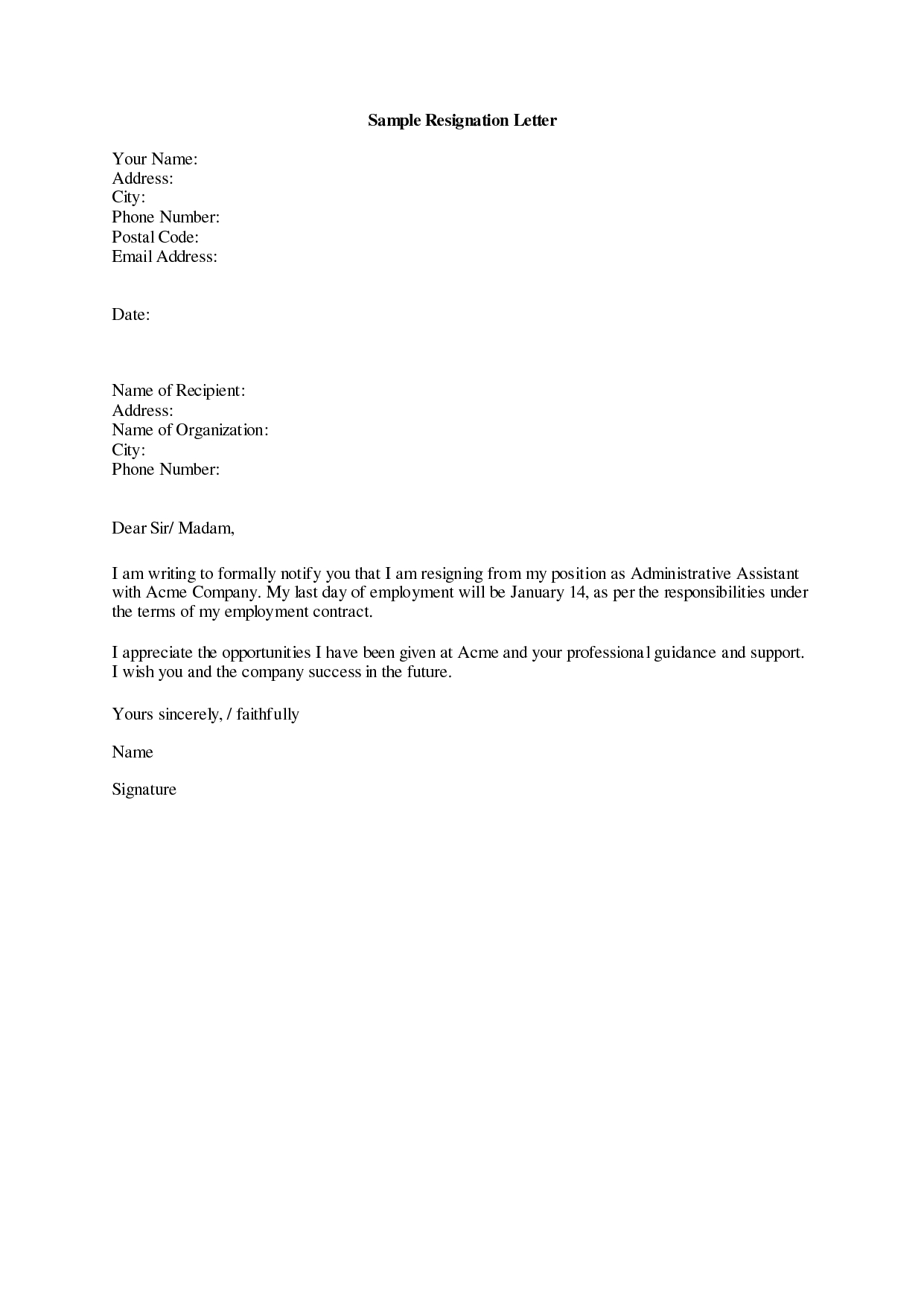 Standard Resignation Letter Template Word - Resignation Letter Sample 19 Letter Of Resignation