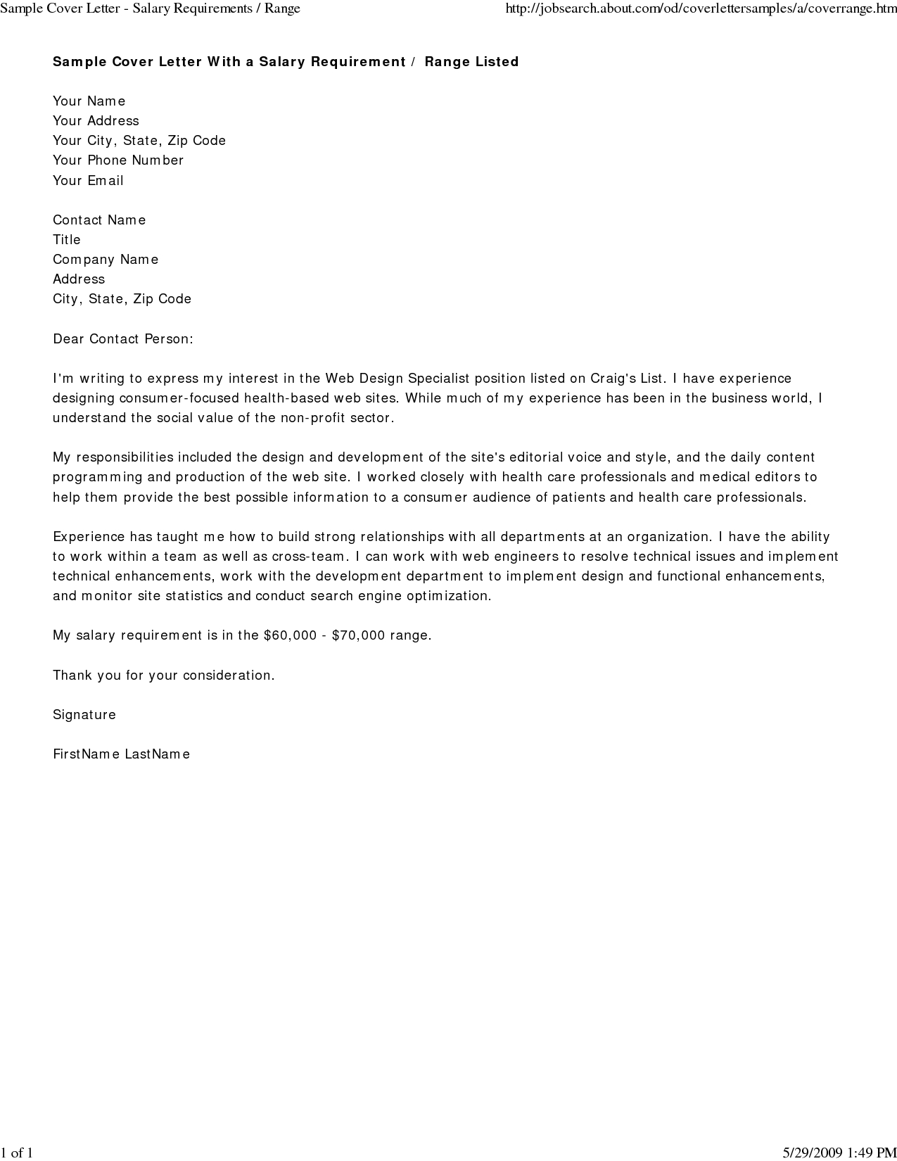 Fillable Cover Letter Template - Salary Requirements Cover Letter O
