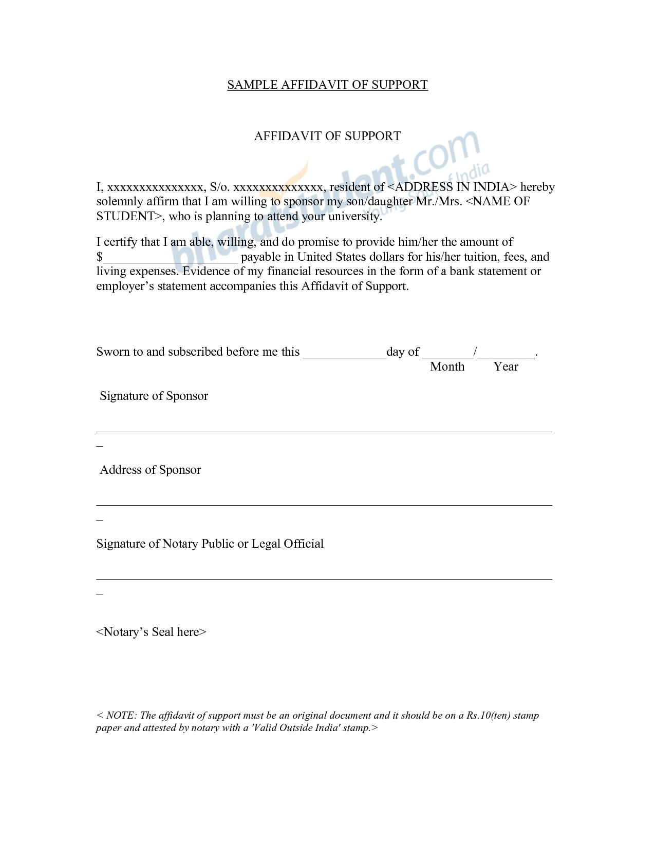 Affidavit Of Support Template Letter - Sample Affidavit Support Letter for Student Visa Save Affidavit