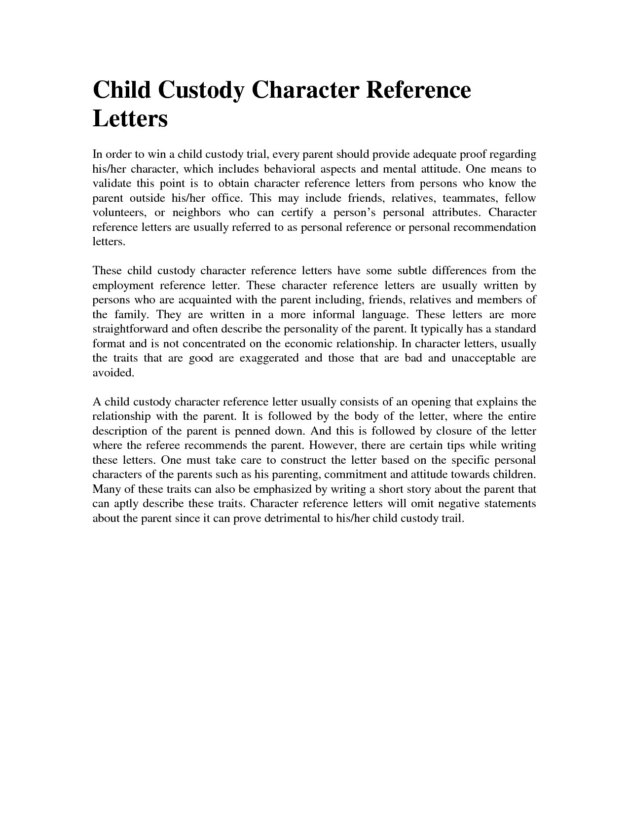 Character Reference Letter For Court Child Custody Template Samples 