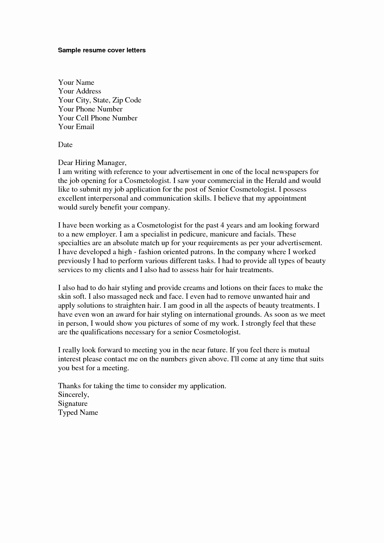 Cosmetologist Cover Letter Template - Sample Cosmetology Resume Cosmetology Cover Letter Examples Best