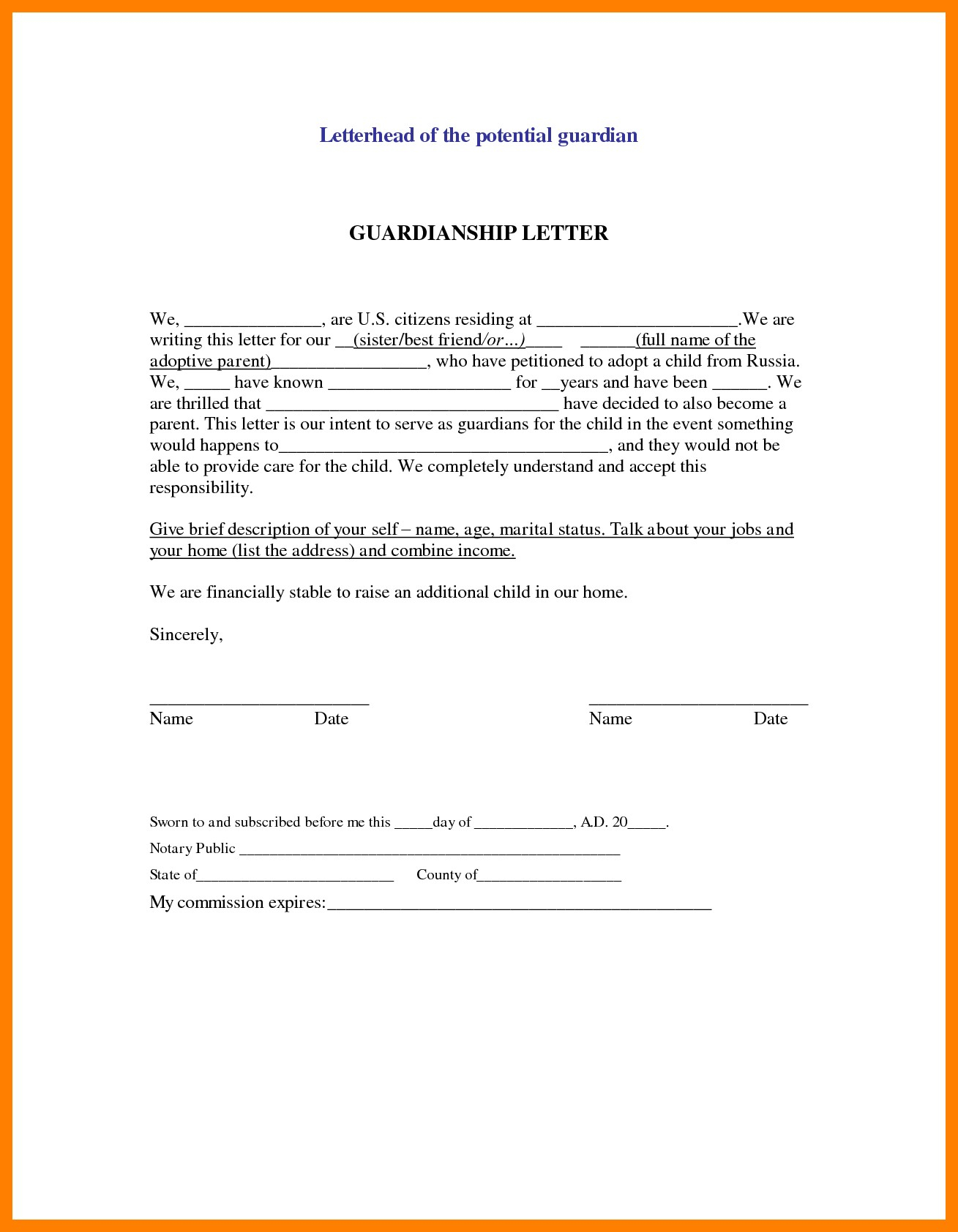 Legal Guardianship Letter Template - Sample Declaration Letter for Child Custody Child Custody Letter