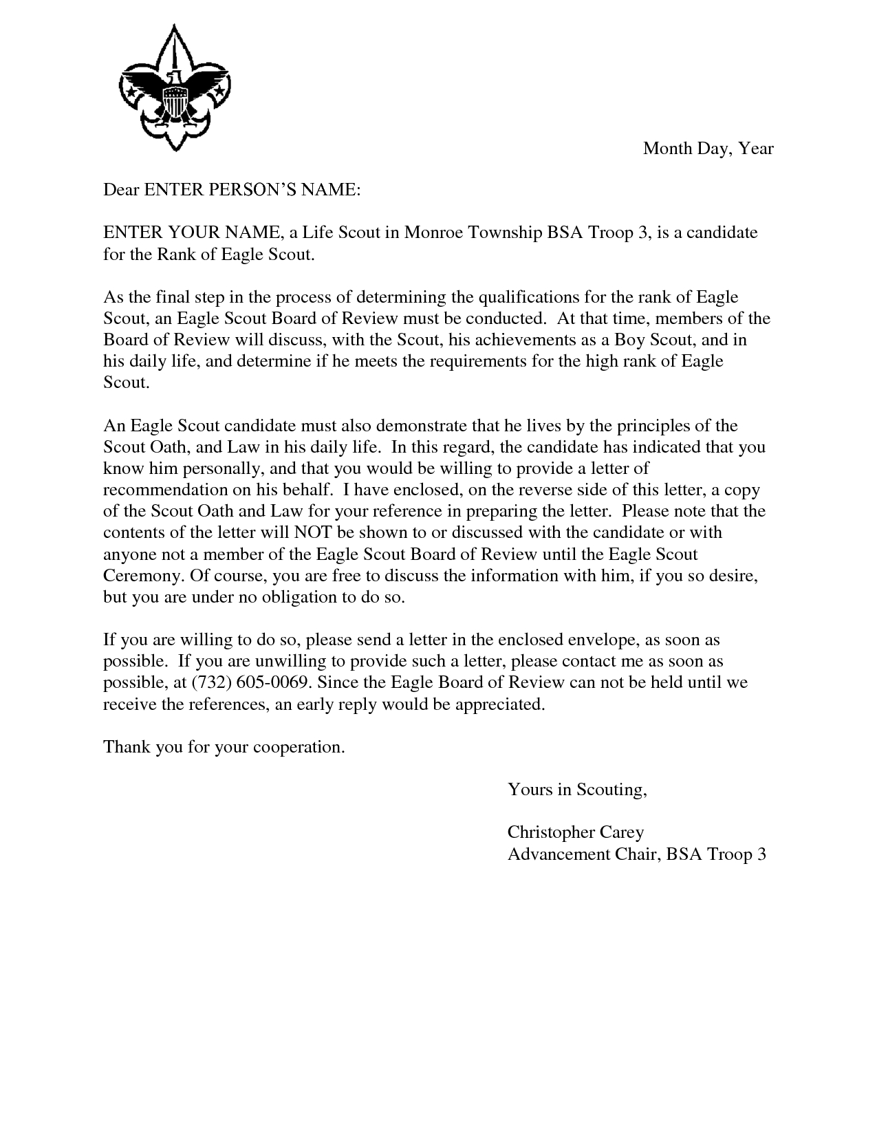 Eagle Scout Recommendation Letter Template