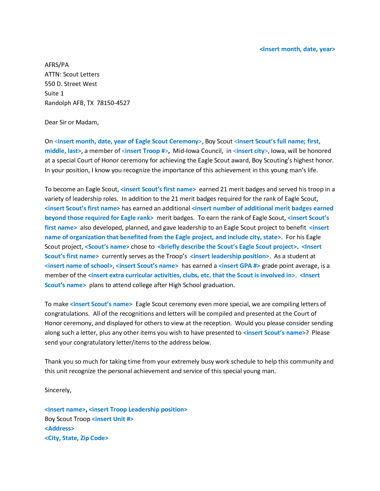 Generic Letter Of Recommendation Template - Sample Eagle Re Mendation Letter Acurnamedia